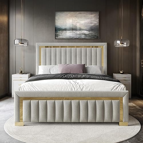 Miniatura 9 de HOME DESIGN Olathe - Base de cama tapizada tamaño Queen, cabecero capitonado de canal vertical con detalles de metal dorado, tela de terciopelo,