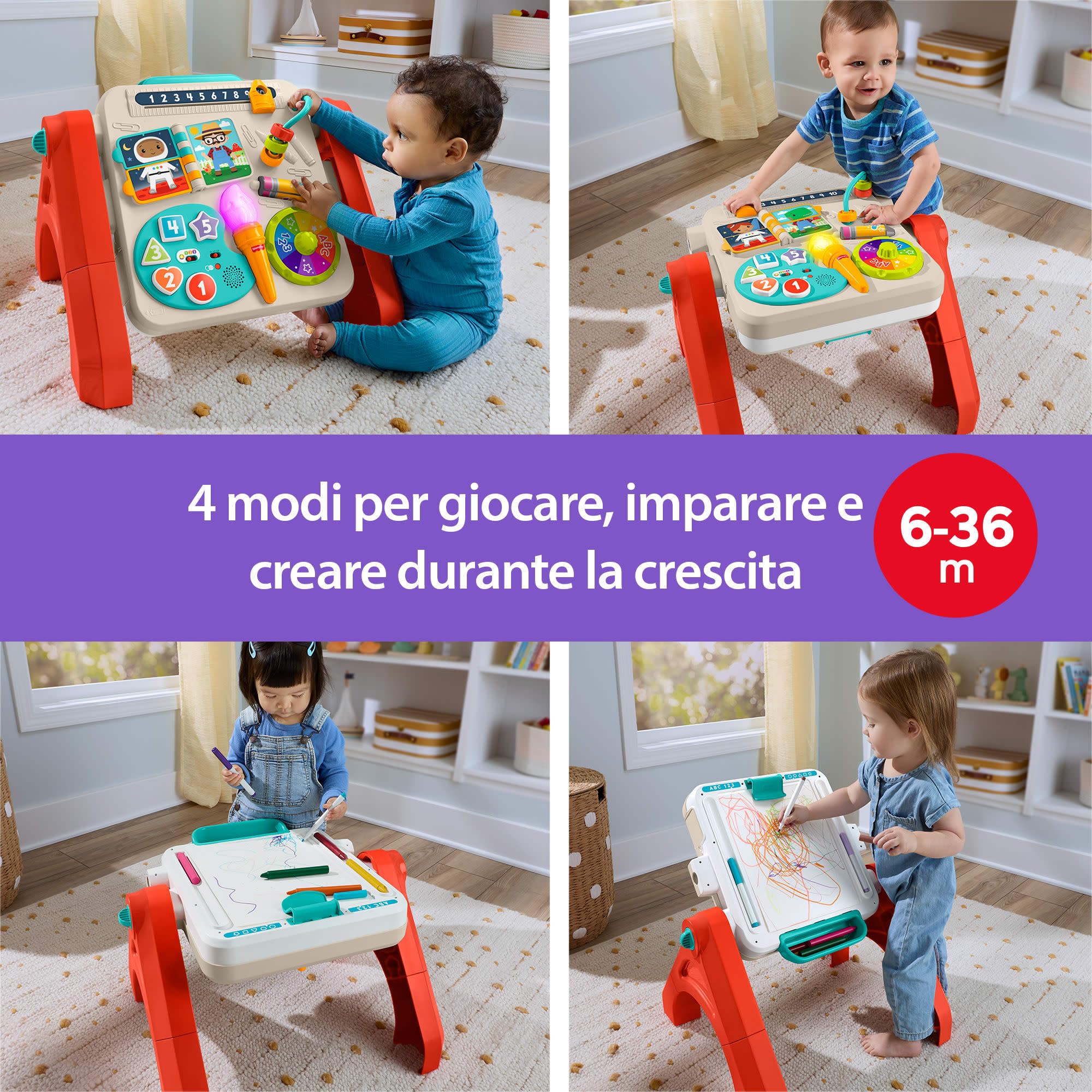 Fisher-Price - Tavolino attività 4 in 1, Pannello interattivo e cavalletto d'Arte, con luci, Suoni e canzoncine, Versione Italiano +FR+in+DE, Giocattolo per Bambini, 6+ Mesi, JGW87