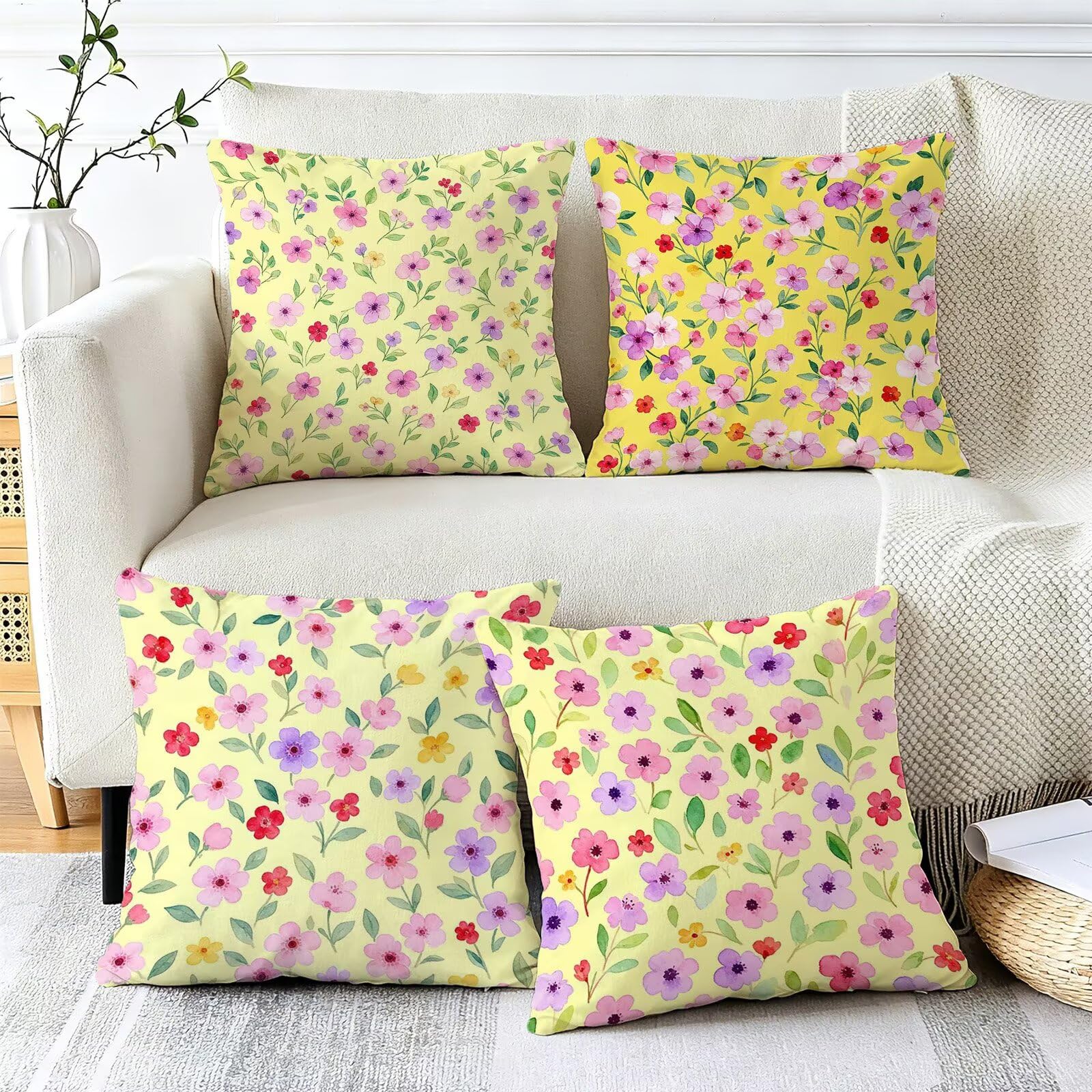 Giallo Federe Cuscini Divano 40x40cm, Cuscini da Esterno Set de 4, Cod-157 | Velour Copricuscini Decorativi Letto Arredo, per Letto, Soggiorno, Giardino, Esterno, Casa Decorazione Set di 4 Fiore