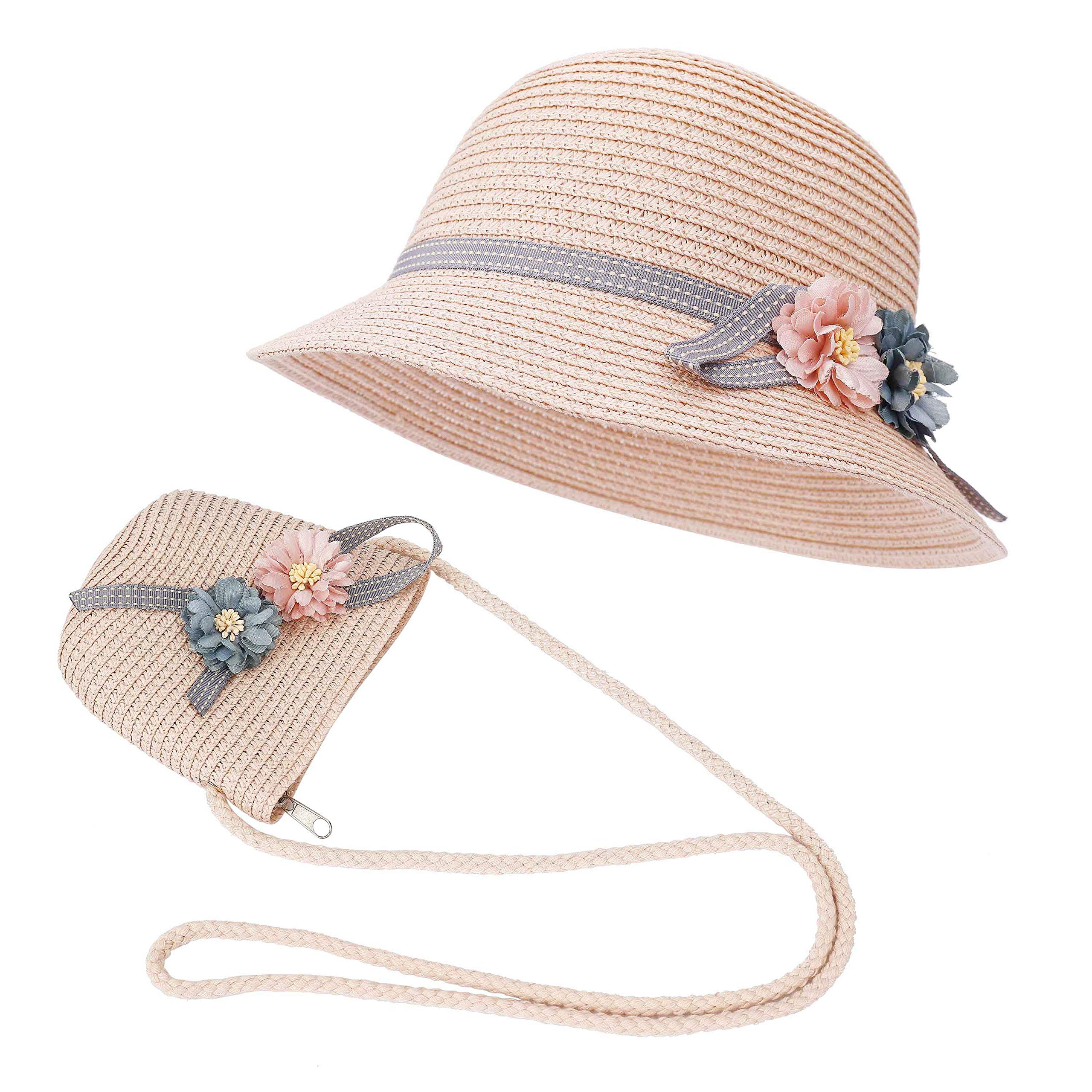 ISIYINER Sombrero de Paja Niñas Gorra de Sol Chica y Bolsillo Set con Decoracion de Flores Gorro de Playa para Viaje Beach Piscina al Aire Libre