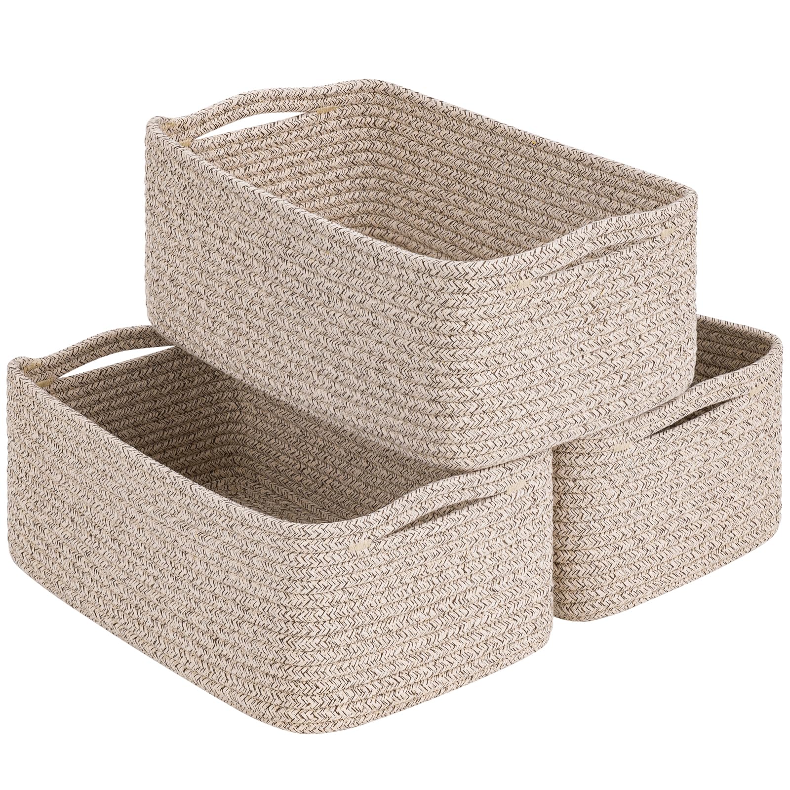 Storage Basket, Medium Woven Baskets for Gifts Empty Dog Toy Baskets for Living Room Rope Shelf Baskets for Storage for Towels for Organizing 3 Pack, White & Brown, 13 x 8 x 5 in