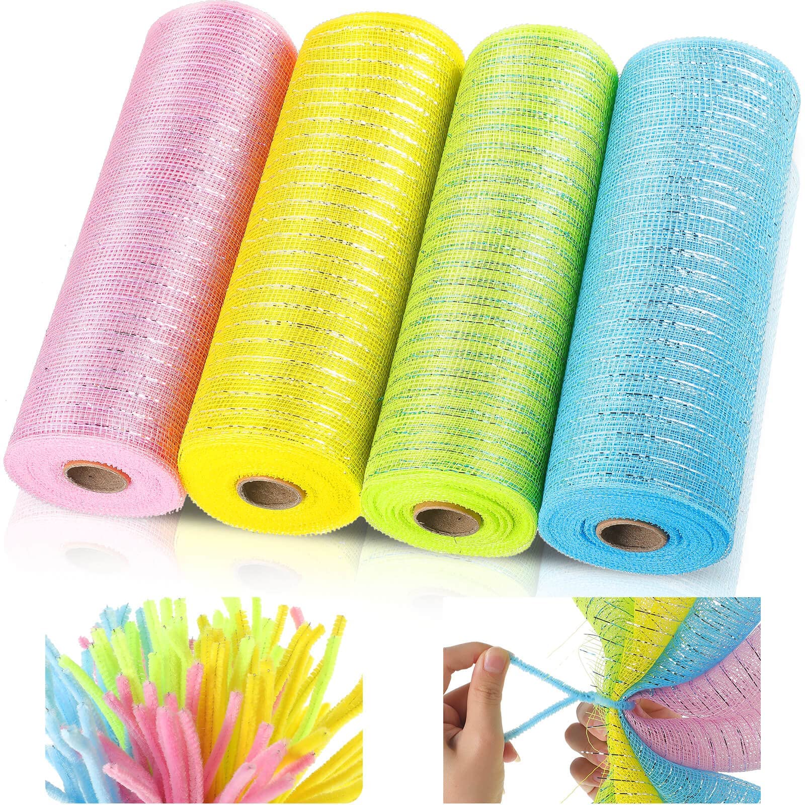 KASTWAVE Flower Wrapping Mesh Yarn, 4 Rolls Mesh Ribbon 10 inch x 10 yards (30 feet) Poly Mesh Ribbon with 400 Four Color Garland Ribbons Bouquet Decoration Accessory (Pink/Yellow/Green/Blue)