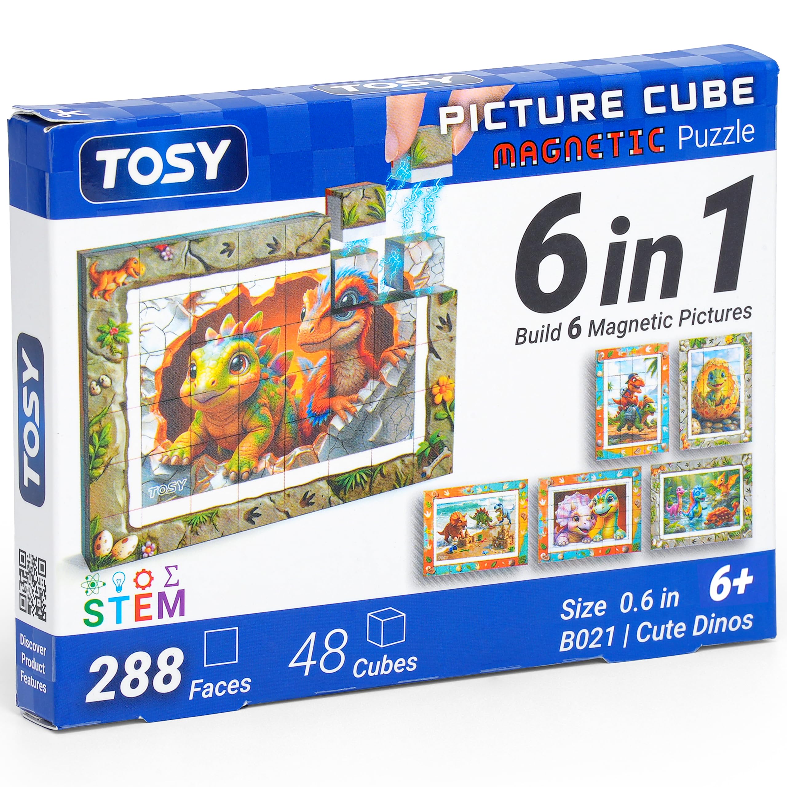 TOSY Picture Cube Cute Dinos: 6-in-1 Magnetic Picture Puzzle, Easter Basket Stuffers STEM Gift for Kids &amp; Adults, 48 Blocks, 288 Puzzle Faces, 0.6 in, B021, Seamless UV Art, Display-Ready Frame