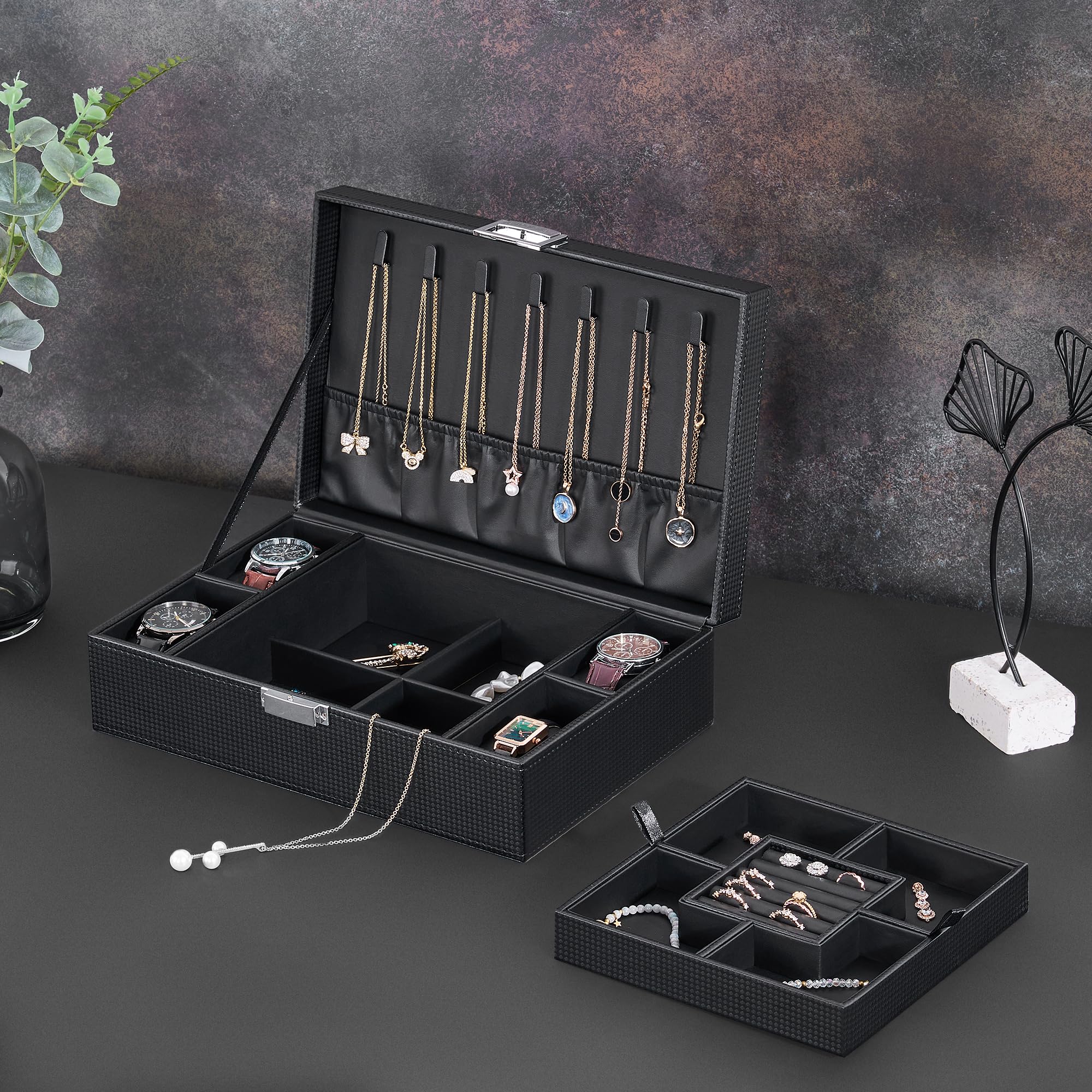 BEWISHOME Schmuckkästchen für Herren, Schmuckkästchen für Männer und Frauen mit 4 Uhrengehäusen, abnehmbares Tablett, Schmuck-Display-Aufbewahrungsbox, Armbandgehäuse, Schwarz SSH07C
