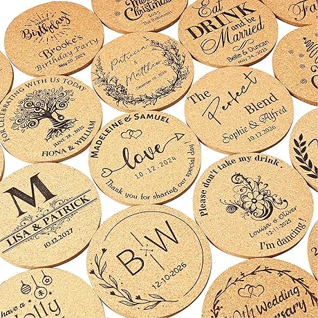 Set of Personalized Engraved Cork Coasters for Weddings and Business