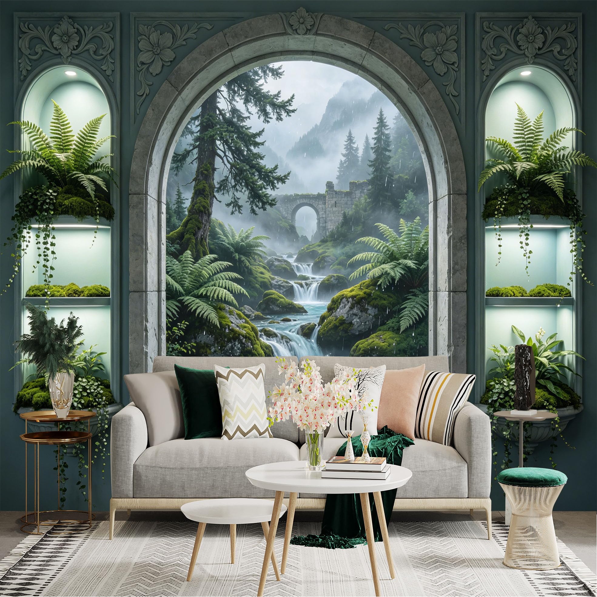 Lnzczhyre Dbh260521453 Custom Size Wall Sticker Mural， Scenic Forest Window View， Misty River With Stone Bridge， Lush Ferns And Mossy Rocks， For Wall Decoration， Peelandstick Wall Decals.