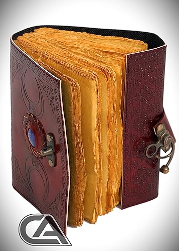 Miniatura 2 de Diario de cuero de triple luna, diario grimorio, cuaderno de bocetos de cuero de una sola piedra, 200 hojas antiguas en blanco con borde de cubierta