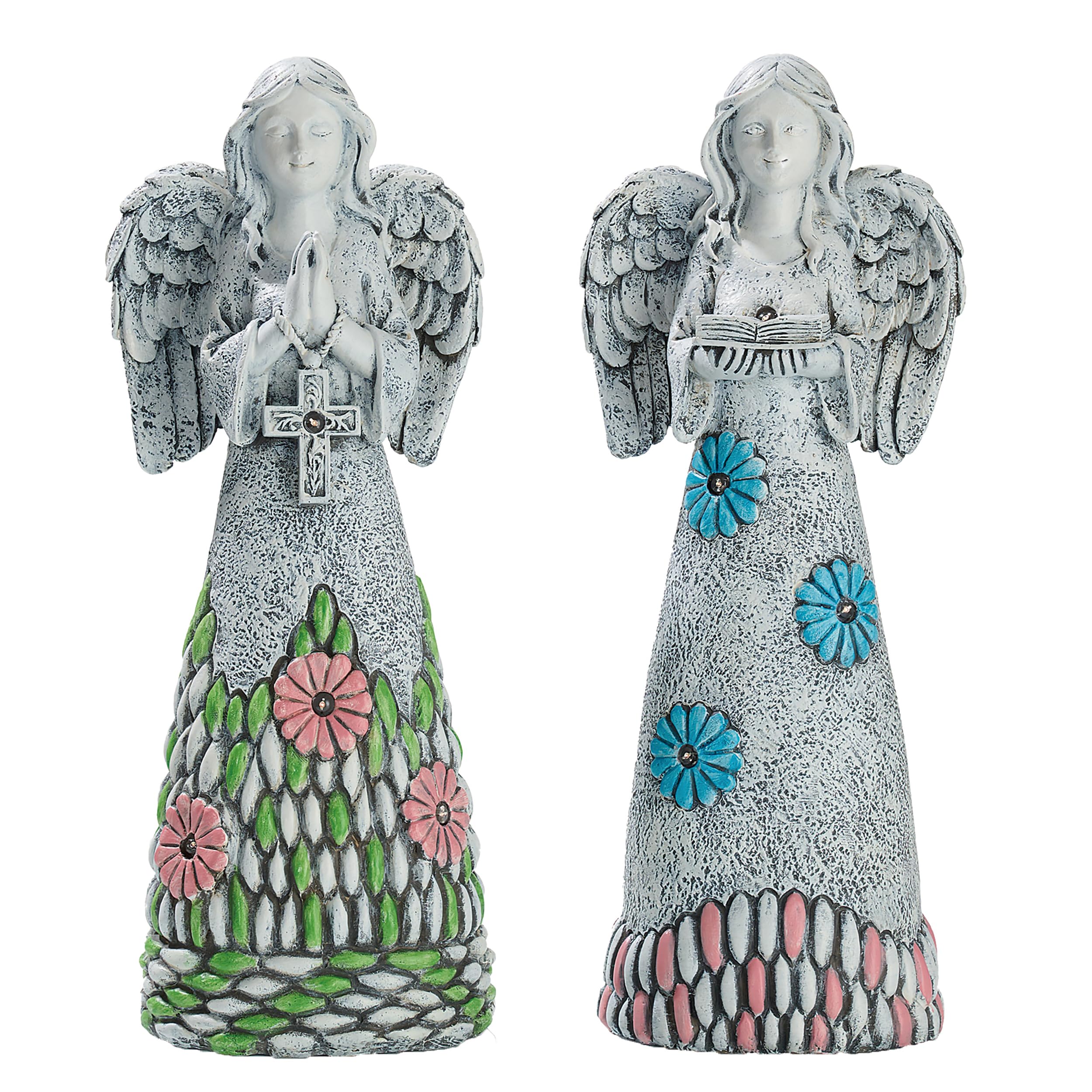TERESA'S COLLECTIONS Angel Garden Statues with Solar Outdoor Light for Garden Decor, 2 Pack Resin Angel Grave Cemetery Decorations for Outdoor Decor,