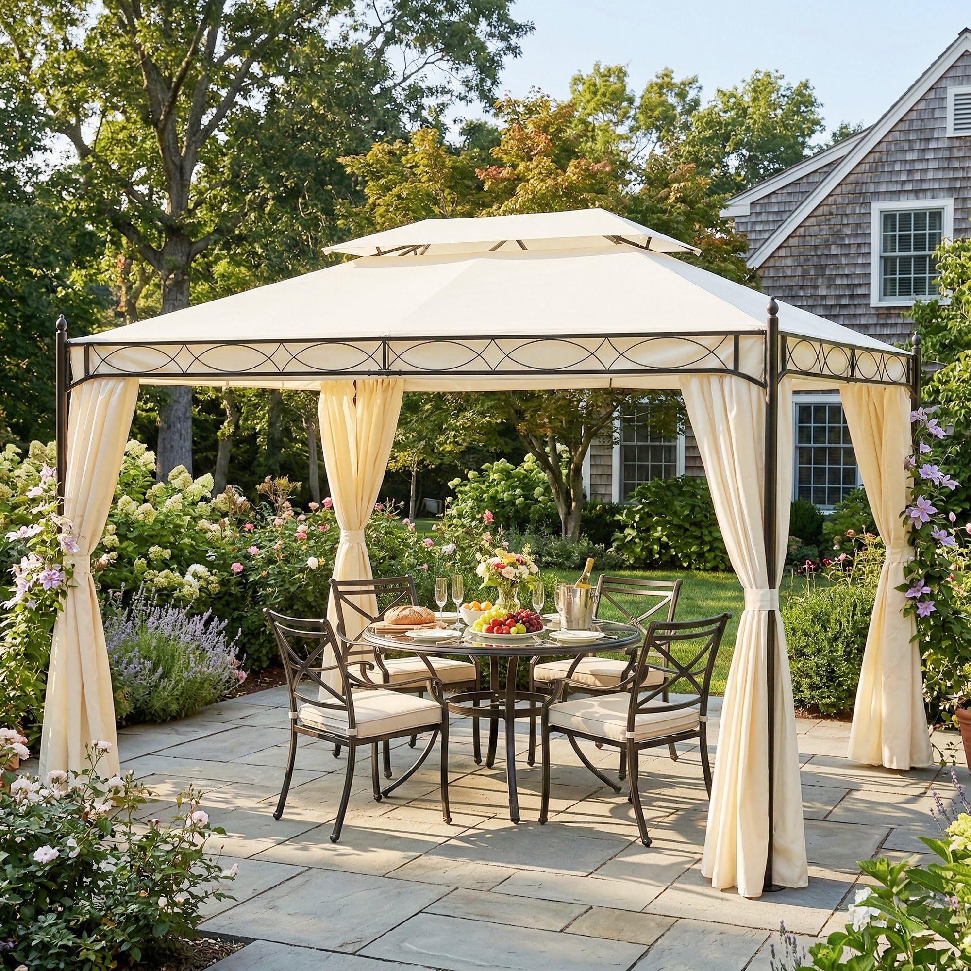 Outsunny Cenador de Jardín 4x3m Pabellón con Techo Doble Transpirable y 4 Cortinas Laterales Extraíbles Carpa de Acero Anti-UV Gazebo para Fiestas Bodas Eventos al Aire Libre Crema | Pabellón de Jardín Gazebo, Marco de Acero, 8 Orificios de Drenaje, Anti-