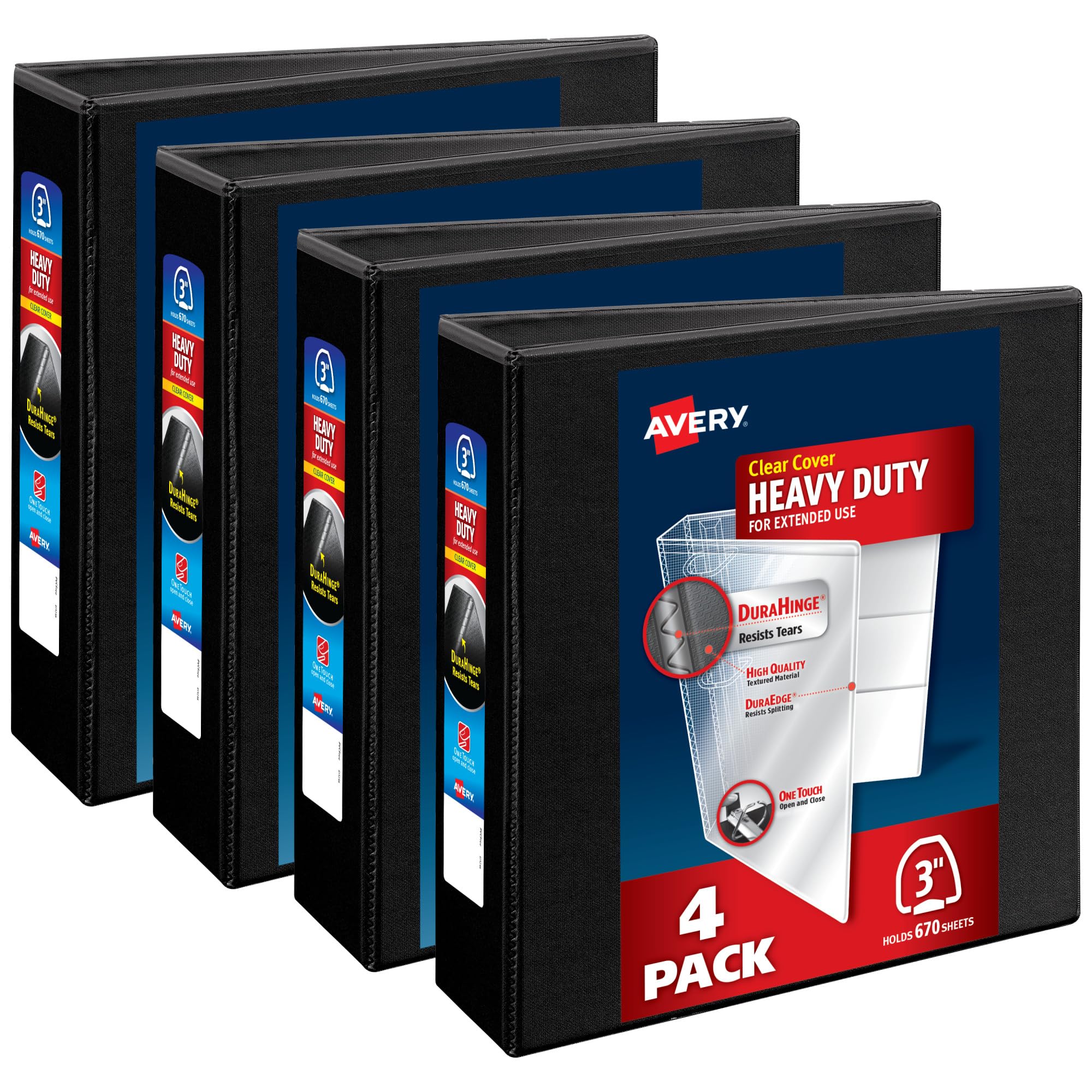 Avery Heavy-Duty View 3 Ring Binder, 3" One Touch Slant Rings, Holds 8.5" x 11" Paper, 4 Black Binders (79693) โ image 1