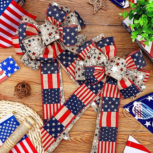 Miniatura 6 de Jutom 2 lazos patrióticos para corona del 4 de julio, lazo de arpillera con estrella roja, blanca y azul, arco de bandera estadounidense para el Día