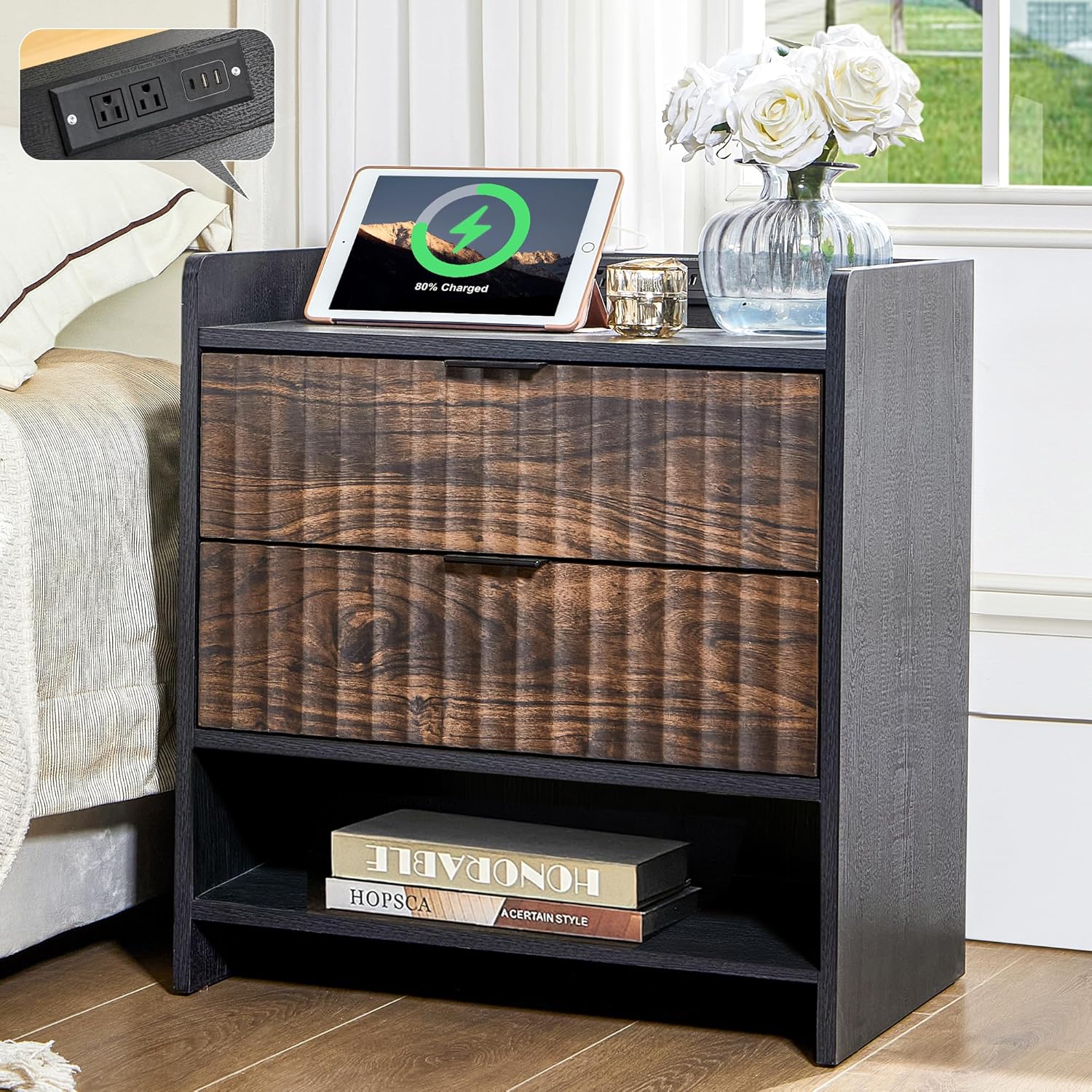 Farmhouse Black Nightstand with Charging Station, Fluted Bedroom Night Stand, Modern Mid-Century Bedside Table End Table with Storage Shelf, 2 Drawer Dresser with Outlet, USB, Type-C Port, Black&Brown Black Open down