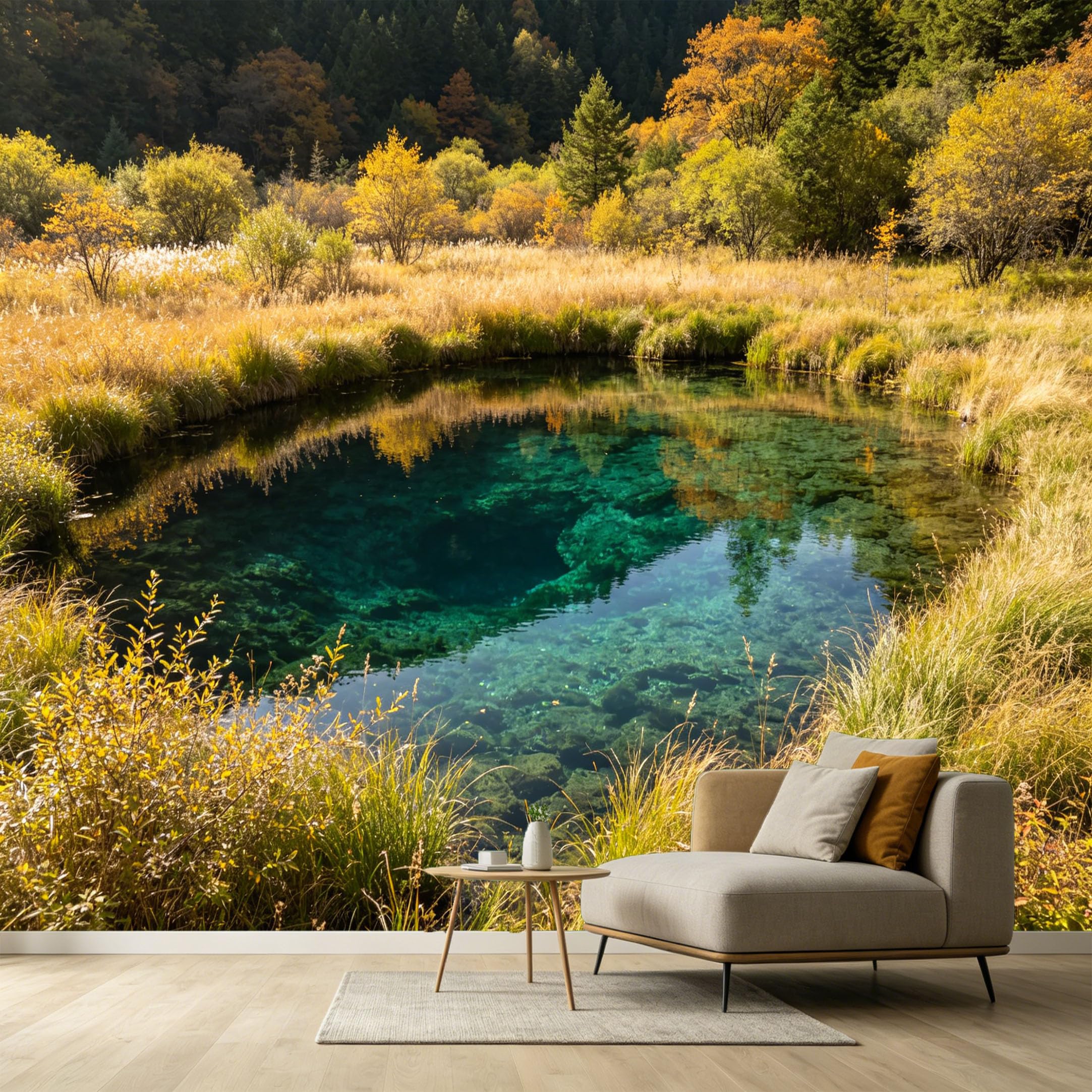 Custom Size Wall Murals Turquoise Pond Autumn Forest Landscape Mountain Lake SelfAdhesive Wall Fabric Removable Large Wallpaper for Photo Living Room