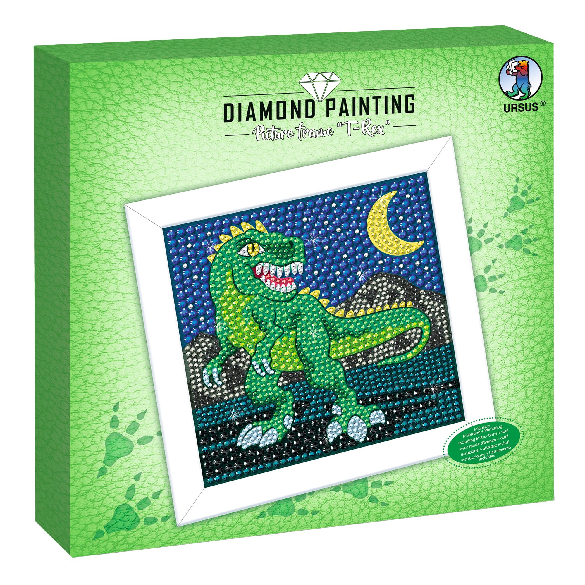 Ursus 43530001F Diamond Painting Picture, T-Rex, Set with Acrylic Diamonds, Picker, Tray and Wax Glue, Includes Craft Instructions (English Language not Guaranteed)