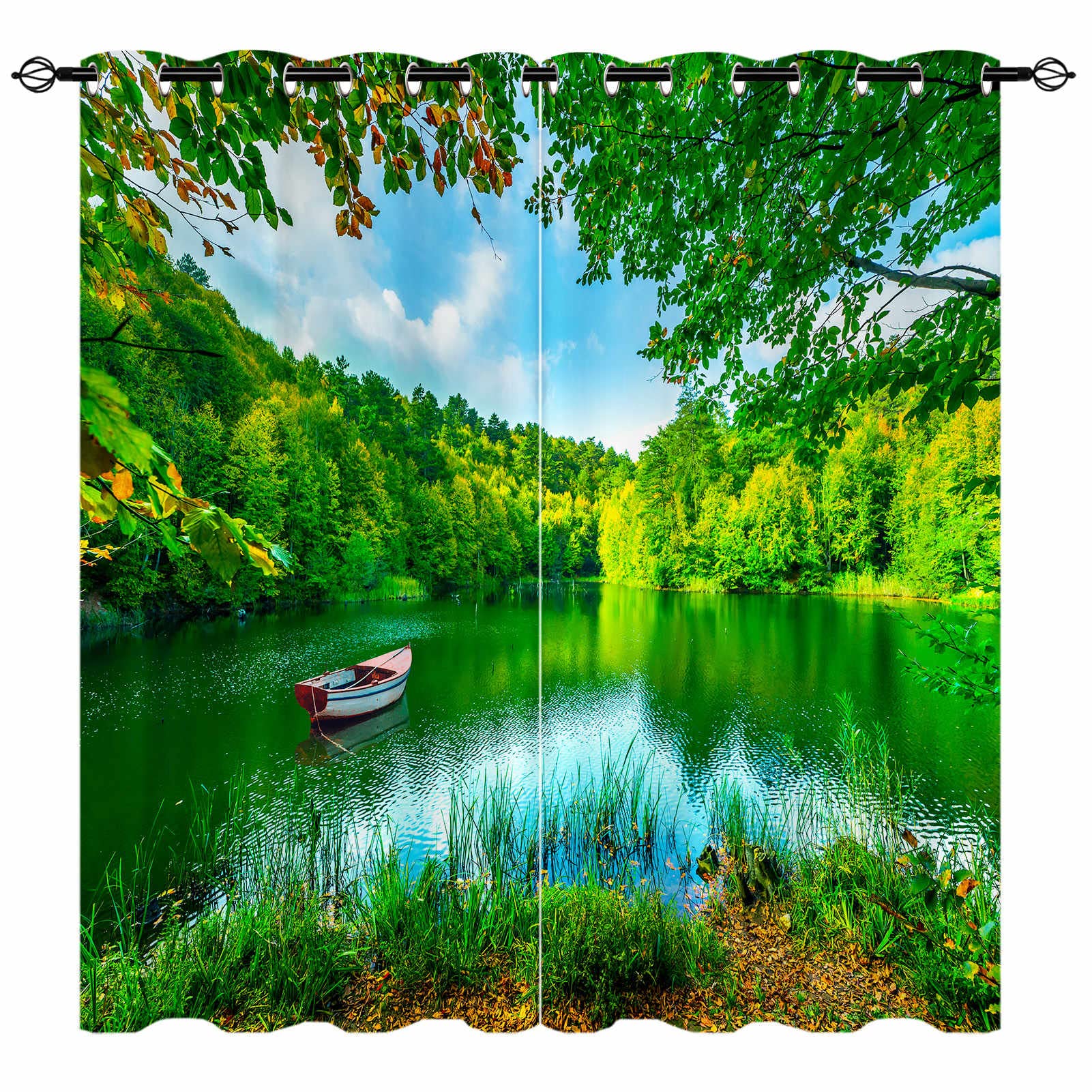 YUANZU Scenery Curtains - Forest Green Nature Pond Lake View Fishing Boat Print Pattern Eyelet Thermal & Room Darkening Blackout Window Drapes for Bedroom Living Room 2 Panels W168cm x D229cm