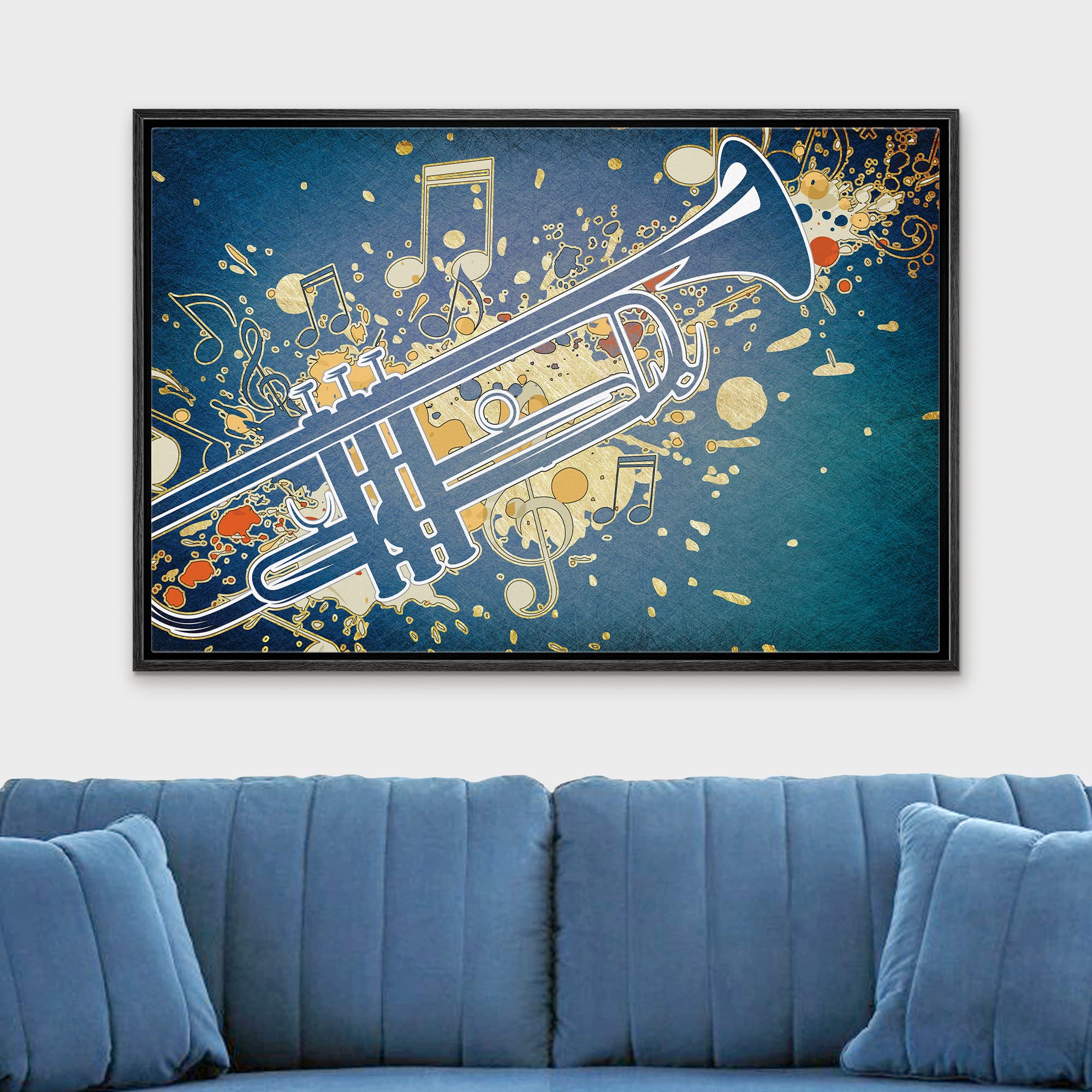 Amazon.co.jp: wall26 - 額入りキャンバス トランペット 青緑色の背景