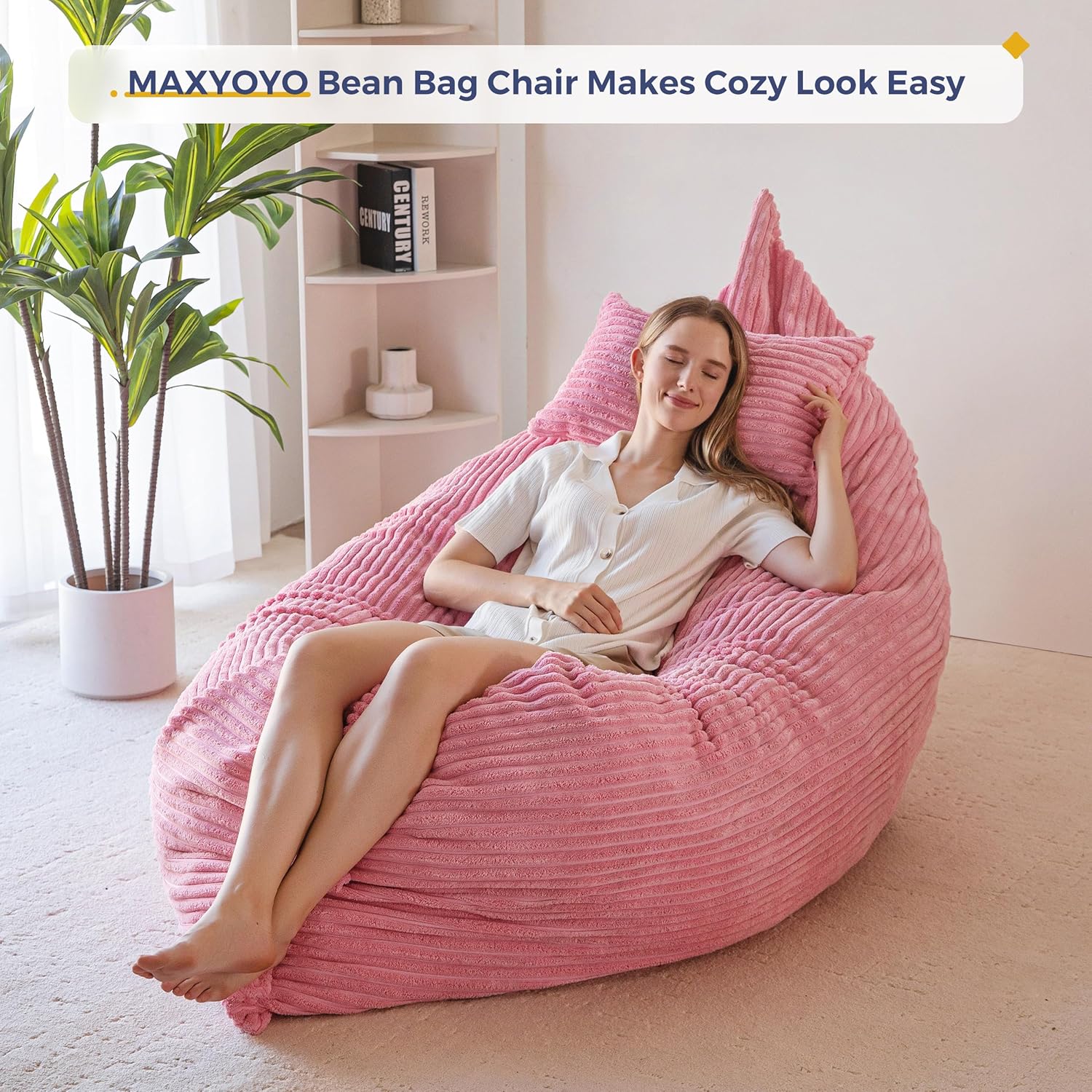 MAXYOYO Giant Bean Bag Chair with Pillow, 3 in 1 Convertible Bean Bag Chair for Adults with Washable Cover, Removable Floor Cushion Stuffed Floor Lounger for Living Room Bedroom, Pink, Full - Image 3