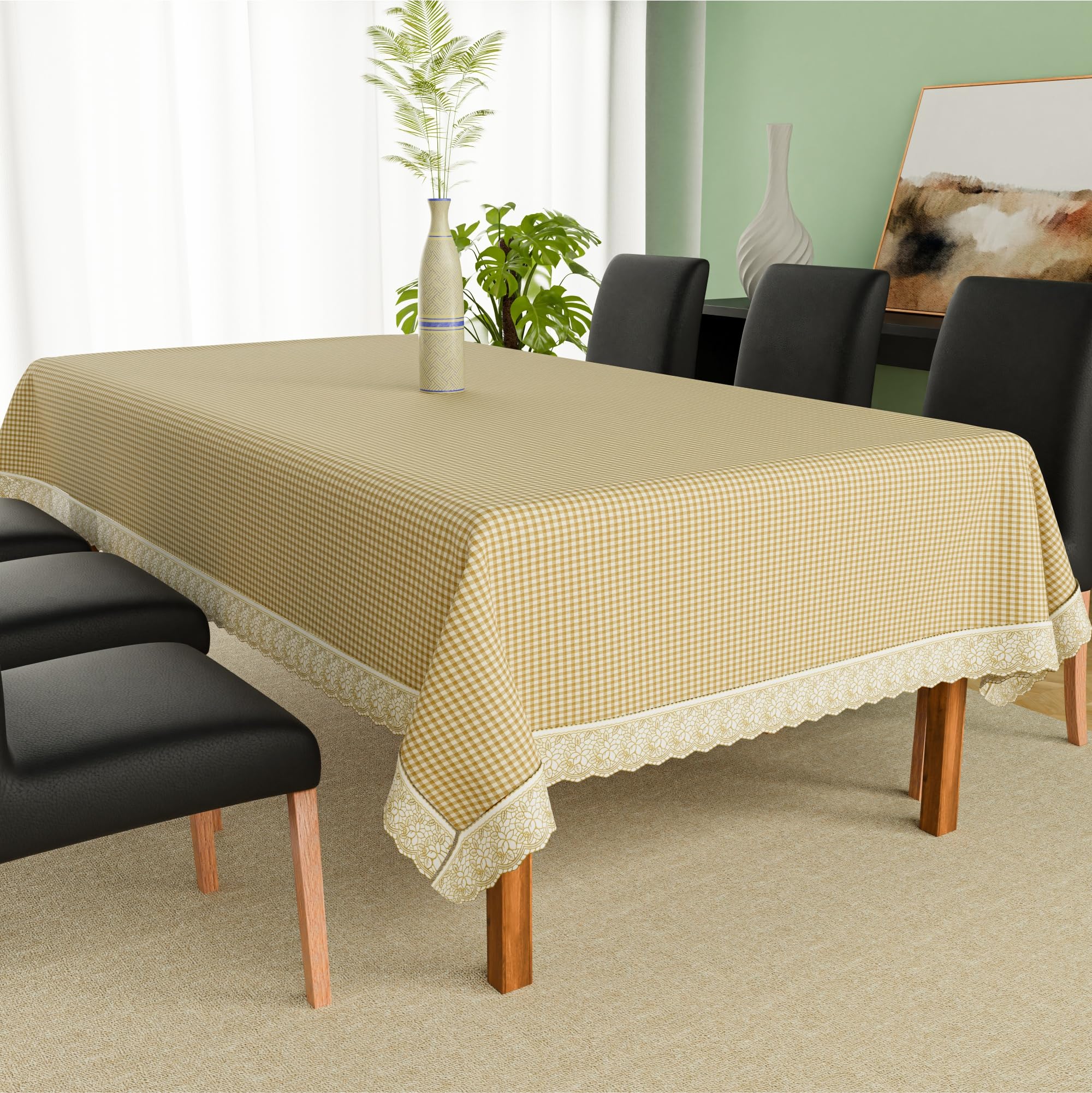 Kuber Industries 60x90 Inch PVC Dining Table Cover 6 Seater Waterproof | Multipurpose Dining Table Cover/Sheet for Party and Events | Barik Check Design - Light Brown-image-8