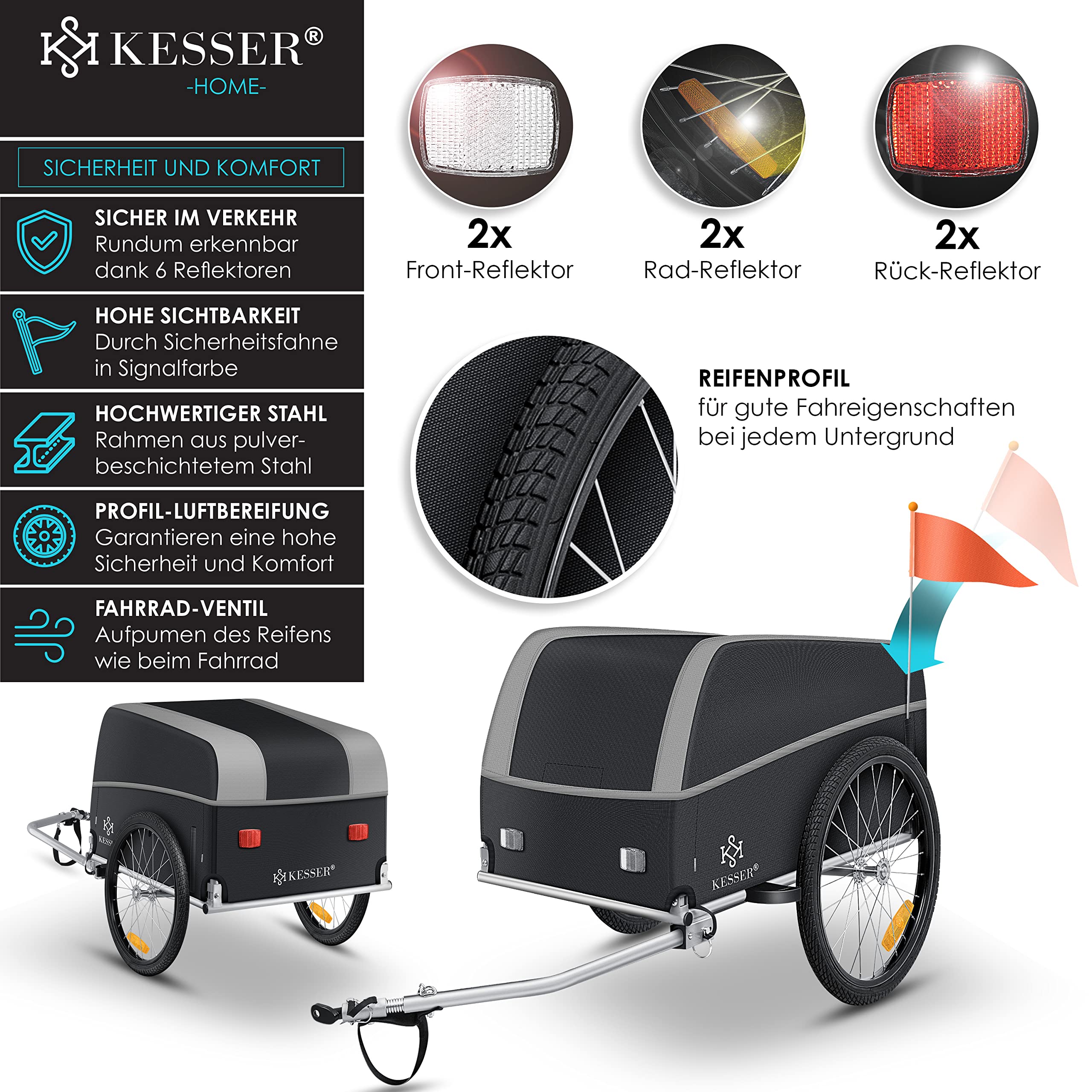 KESSER® Rimorchio per bicicletta, rimorchio per il trasporto con timone alto con frizione, inclusa copertura pieghevole, con timone alto, per bicicletta, con 120 litri, max. 40 kg