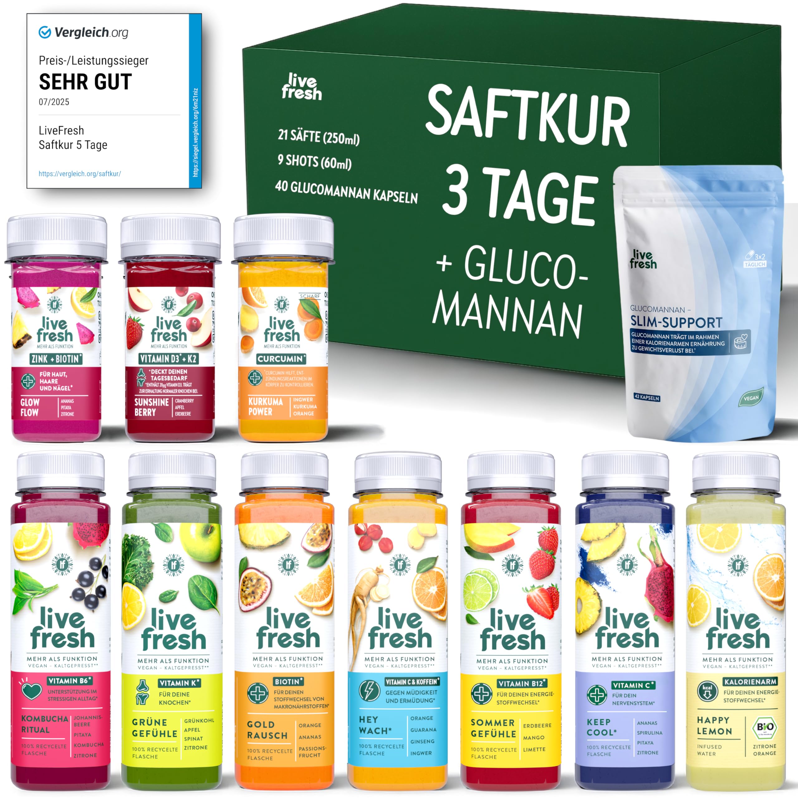LiveFresh Saftkur 3 Tage + Glucomannan – 21 Säfte (250ml) & 9 Shots (60ml) kaltgepresst¹ – 743 Kalorien pro Tag – Tipps zum nachhaltigen Abnehmen in der LiveFresh App