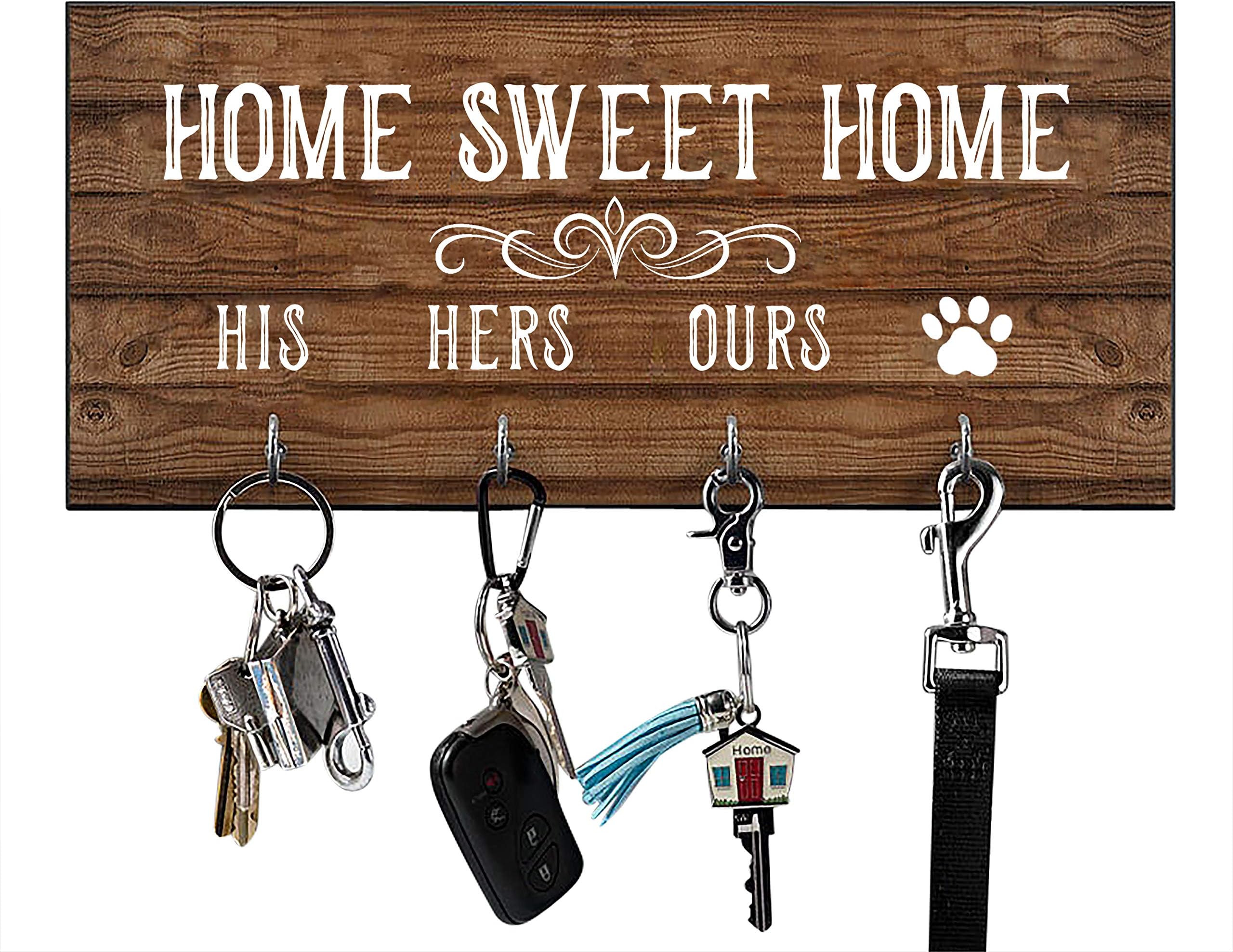 His, Hers, Ours, Paws Key Holder for Wall | Entryway Key Hook Decorative, Rustic Key Hangers for Wall | Dog Leash Holder for Wall, Farmhouse Home Decor Key Hooks | Home Sweet Home Sign