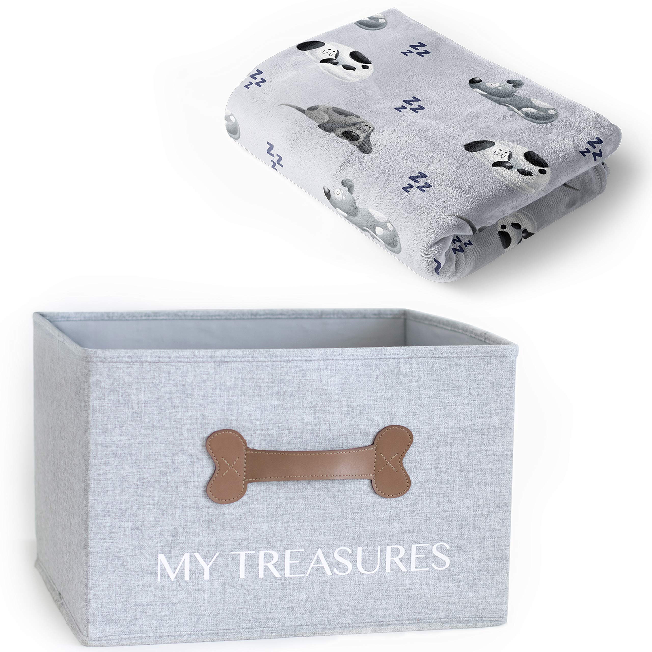 BULLTUGDog Toy Bin & Ultra-Soft Dog Blanket Set, Sturdy & Foldable Storage Box, for Organizing Pet Toys & Accessories, Light Grey