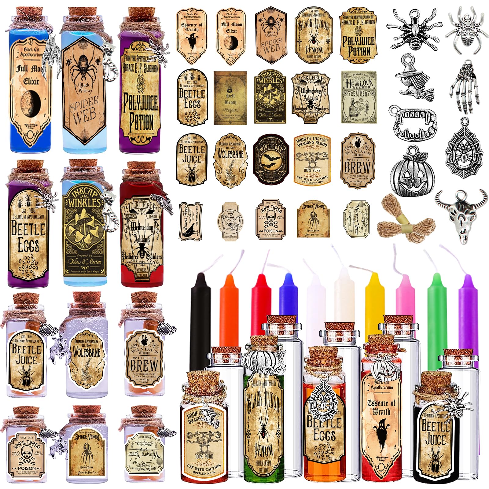 174 Pcs Apothecary Bottles with Cork, Indoor Witchcraft Supplies - Halloween Decorations with Labels, Pendants, Candles, Eye Screws, Twines for Tiered