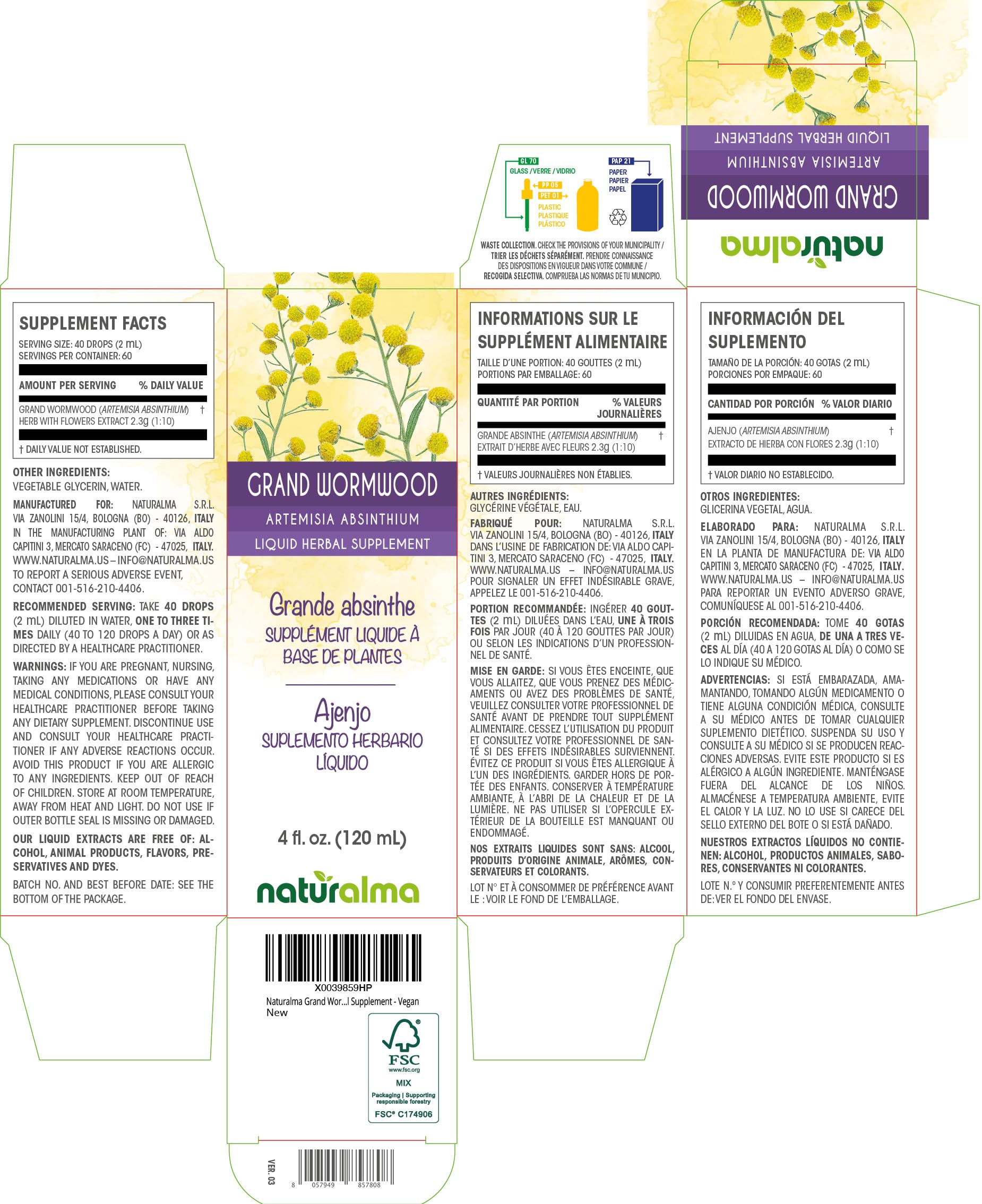 Amazon.com: Naturalma Grand Wormwood or Absinthe (Artemisia Absinthium)  herb with Flowers Alcohol-Free Tincture - 4 fl oz Liquid Extract in Drops -  Herbal Supplement - Vegan : Health & Household