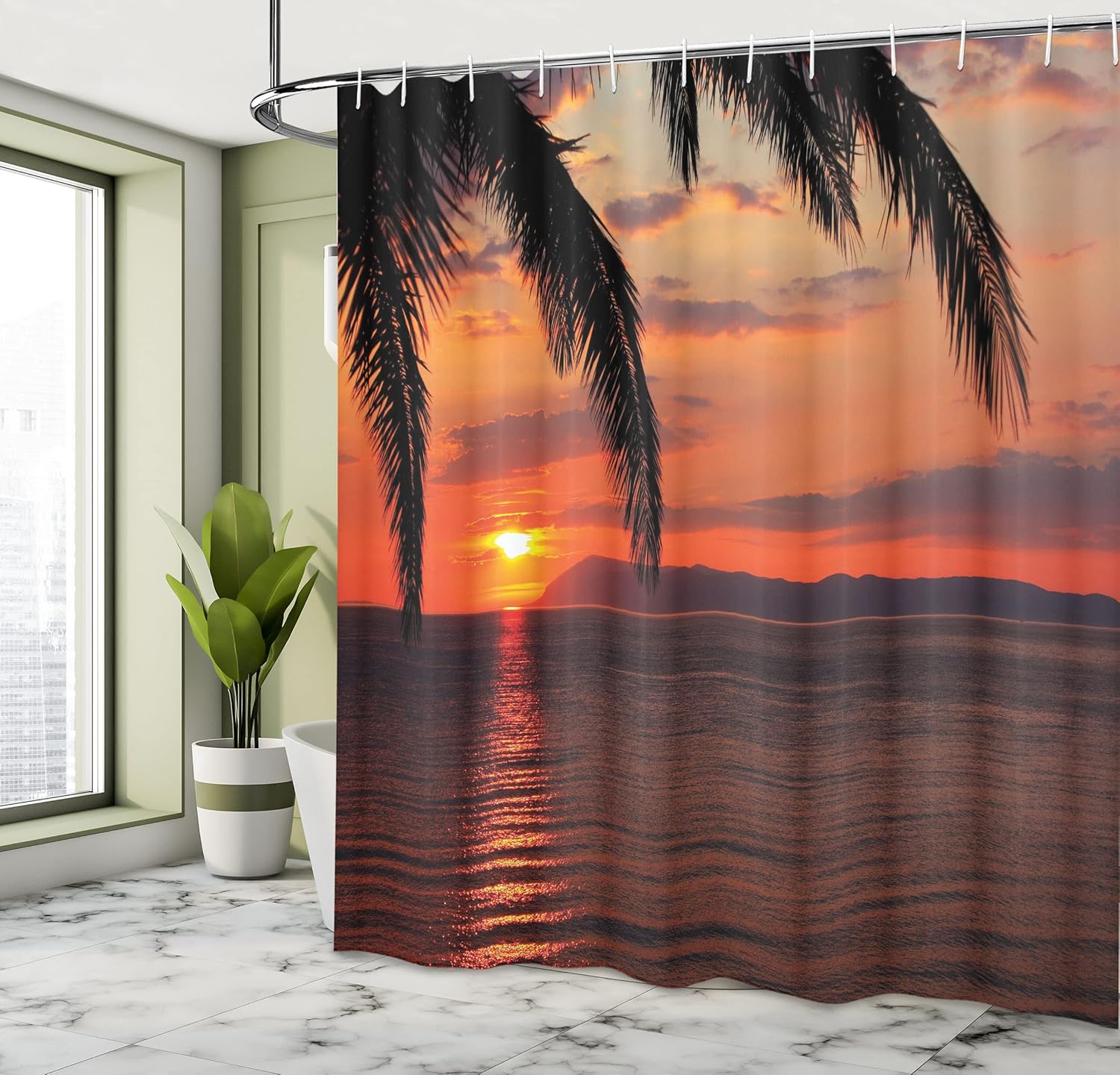 Ambesonne Tropical Shower Curtain, Sunrise on Sea Palm Trees Exotic Holiday Honeymoon Romantic Beach Morning Scene, Cloth Fabric Bathroom Decor Set with Hooks, 69" W x 70" L, Orange Yellow