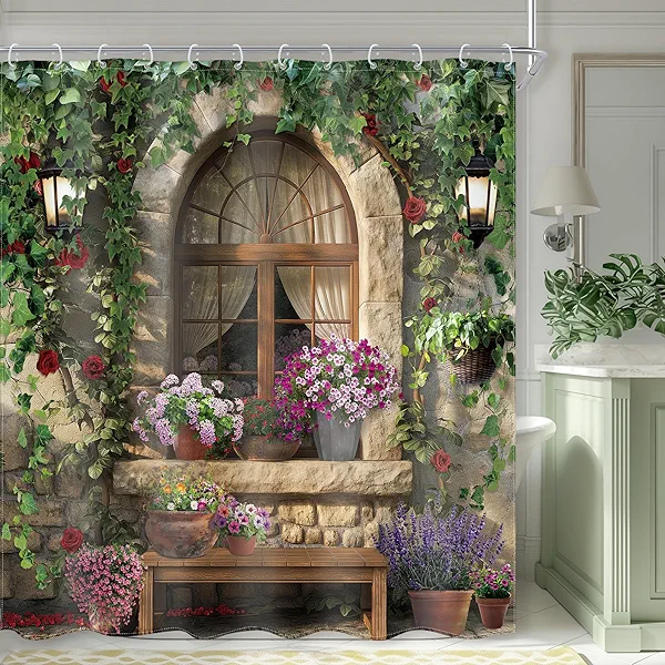 Ufeela Summer Garden Shower Curtain 72Wx72L Inch Rustic Nature Landscape Floral Flowers Plant Country European Style Botanical Pretty Bathroom Set Bath Curtain Bathtub Accessories Home Decor