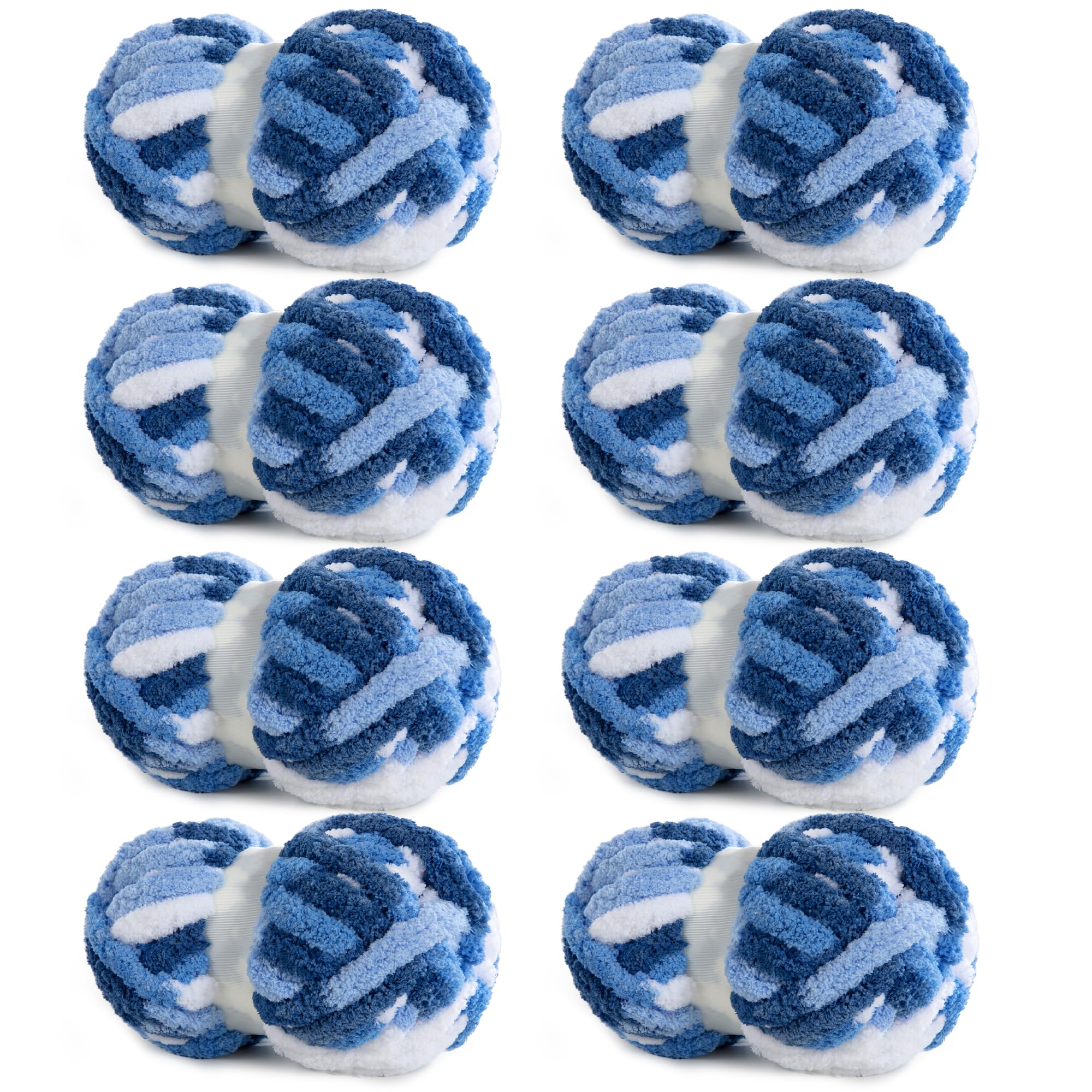 HOMBYS Chunky Tie Dye Mix Chenille Yarn for Hand Knitting, Super Bulky Jumbo Yarn for Crocheting, 3/4" Thick Soft Plush Yarn for Blankets, 8 Skein Pack (26 yds / 7.5 oz Each) Blue, White — image 1