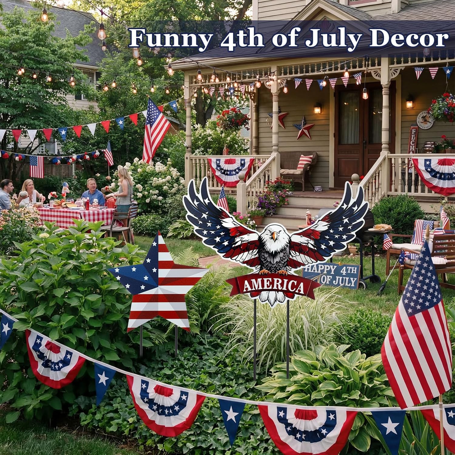 Silkfly 2pcs 4th of July Metal Decorations for Outdoor Patriotic Memorial Day Garden Yard Sign 250th Eagle Metal Blue Red Star Art Decor Outside Americana Garden Stake for Lawn Independence Day Gifts