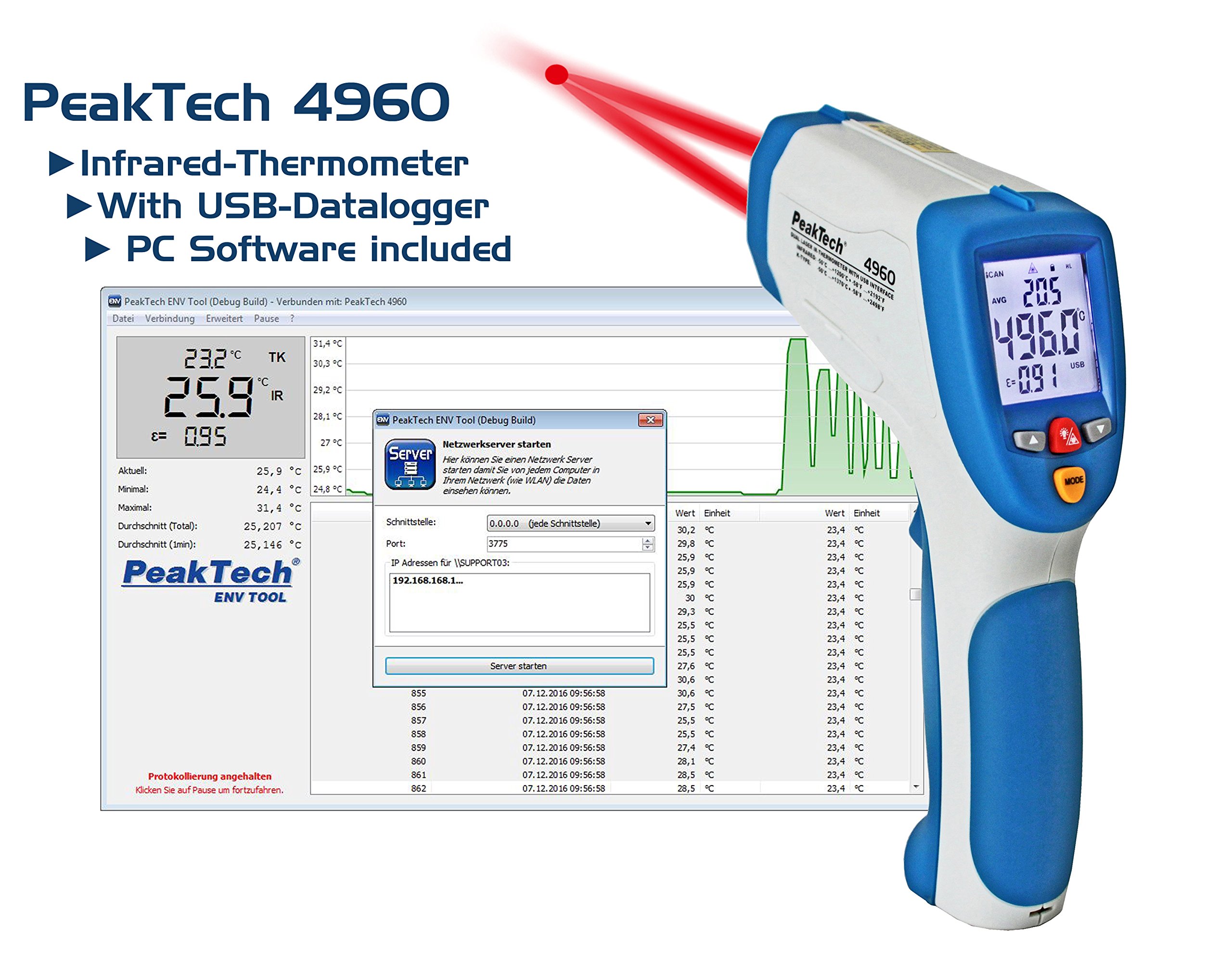 PeakTech P 4960 - Termometr IR ~ -50 ... +1200°C ~ 50:1 ~ z interfejsem USB i Type-K
