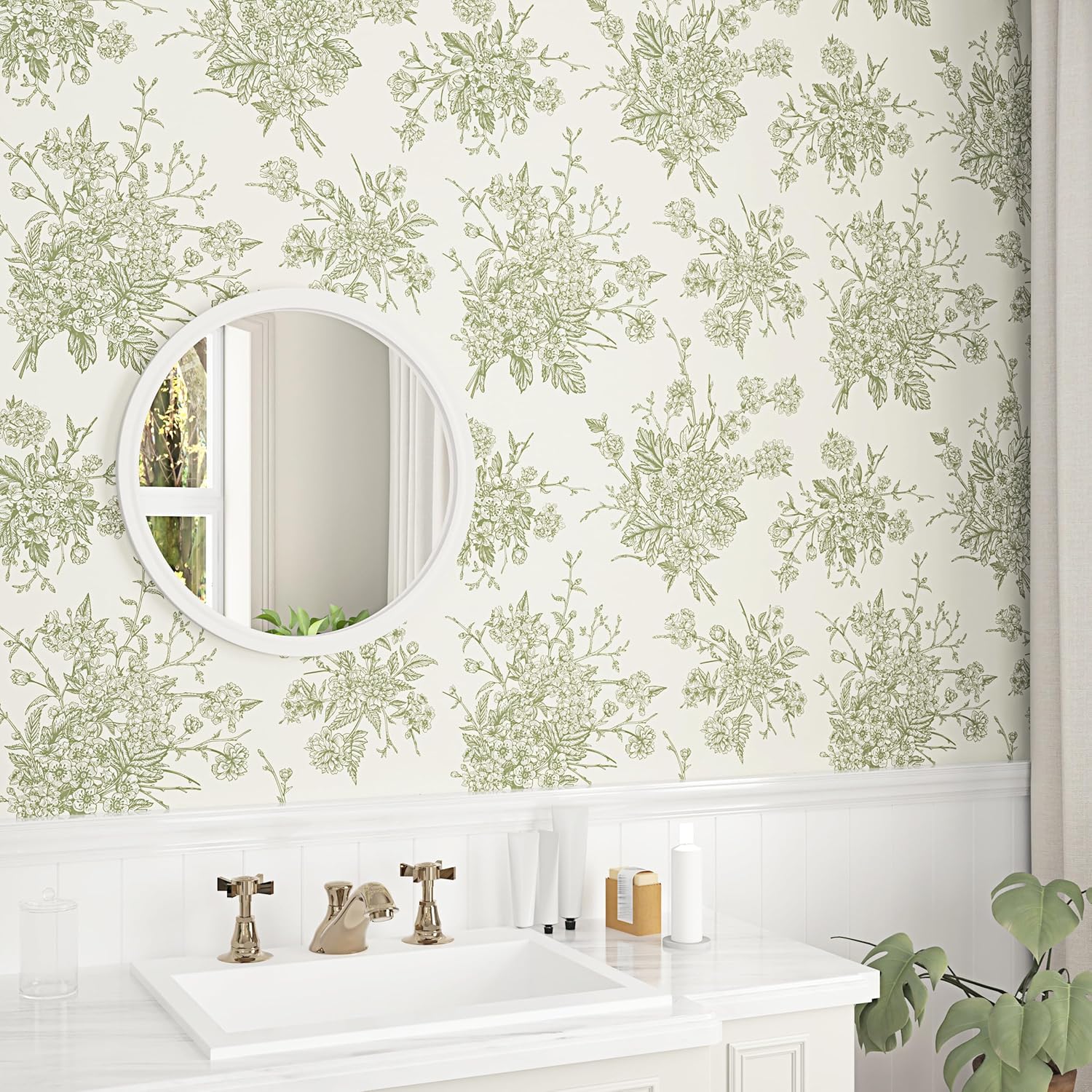 Green Floral Wallpaper Peel and Stick Countertops Beige Cream Wallpapers Flower Vintage Contact Paper Vinyl Self Adhesive Sage Green Stick on Wall Paper Cabinets Bedroom Decor 17.5"x314"