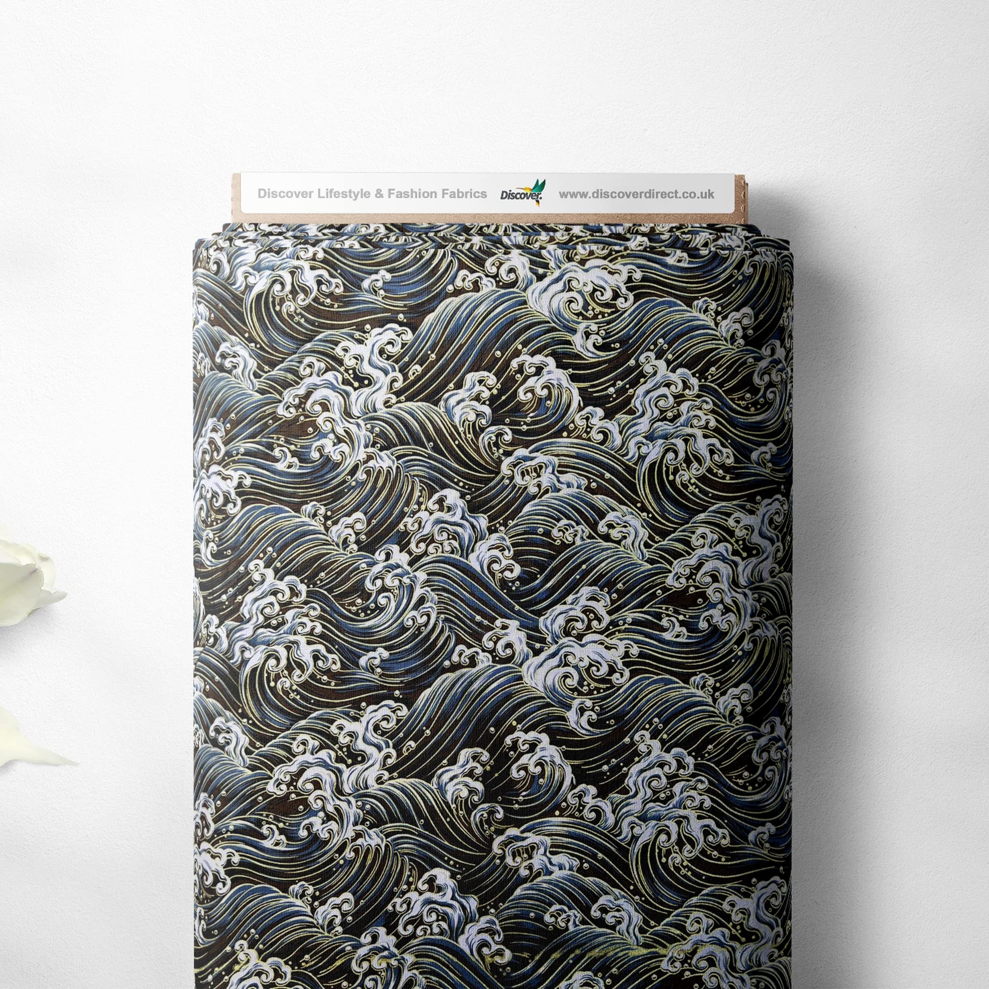 100% Cotton Isumi Japanese Ocean Waves Design Oriental Metallic Foil Quality Sewing Upholstery Furnishing Fabric Material | 57" - 147 cm Wide (per Metre, Brown)