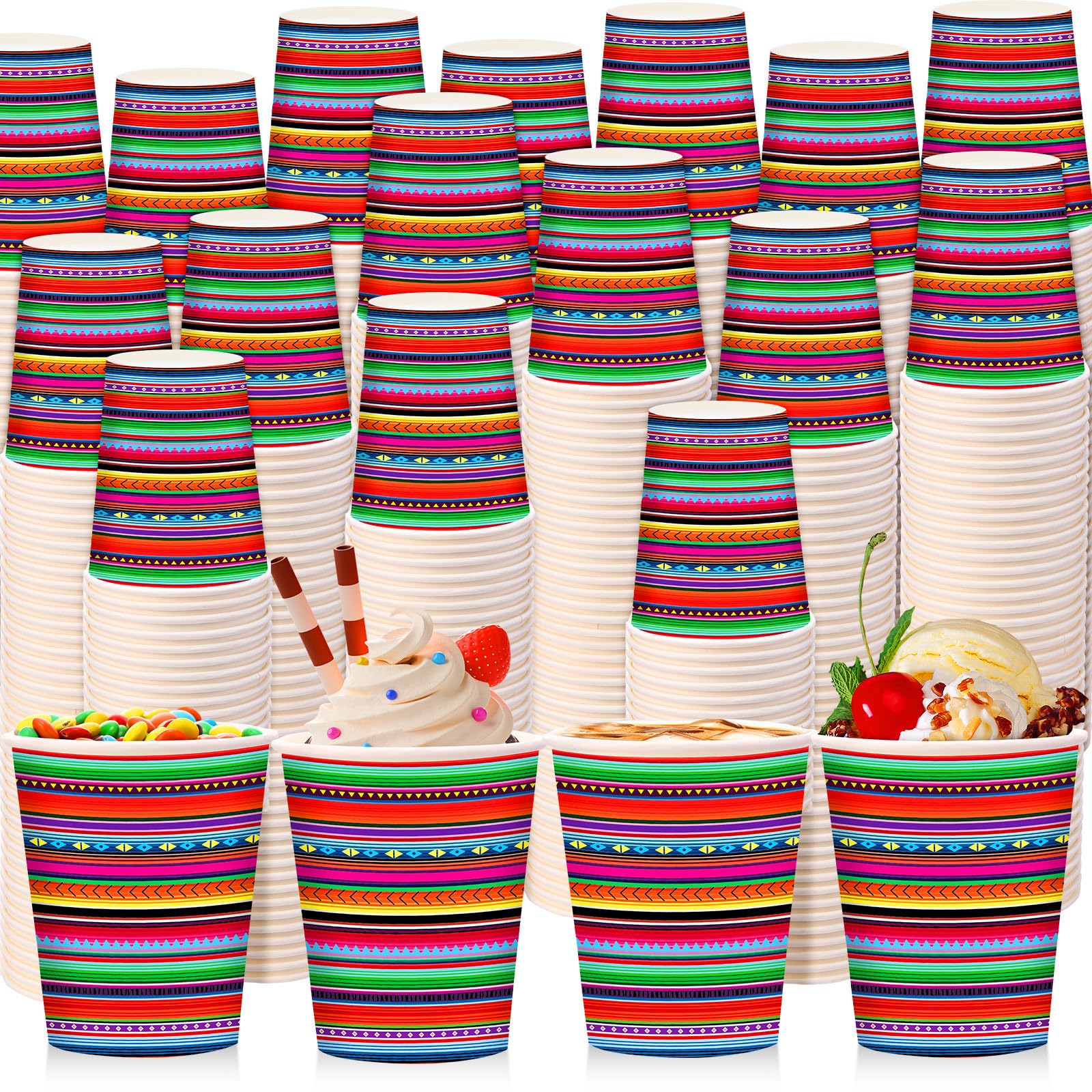 Willinglong100 Pack 9 oz Mexican Cups dia de los muertos cups Fiesta Paper Cups Mexican Serape Disposable Beverage Cups Drinking Cup Mexican Decorations for Cinco De Mayo, Fiesta Holiday
