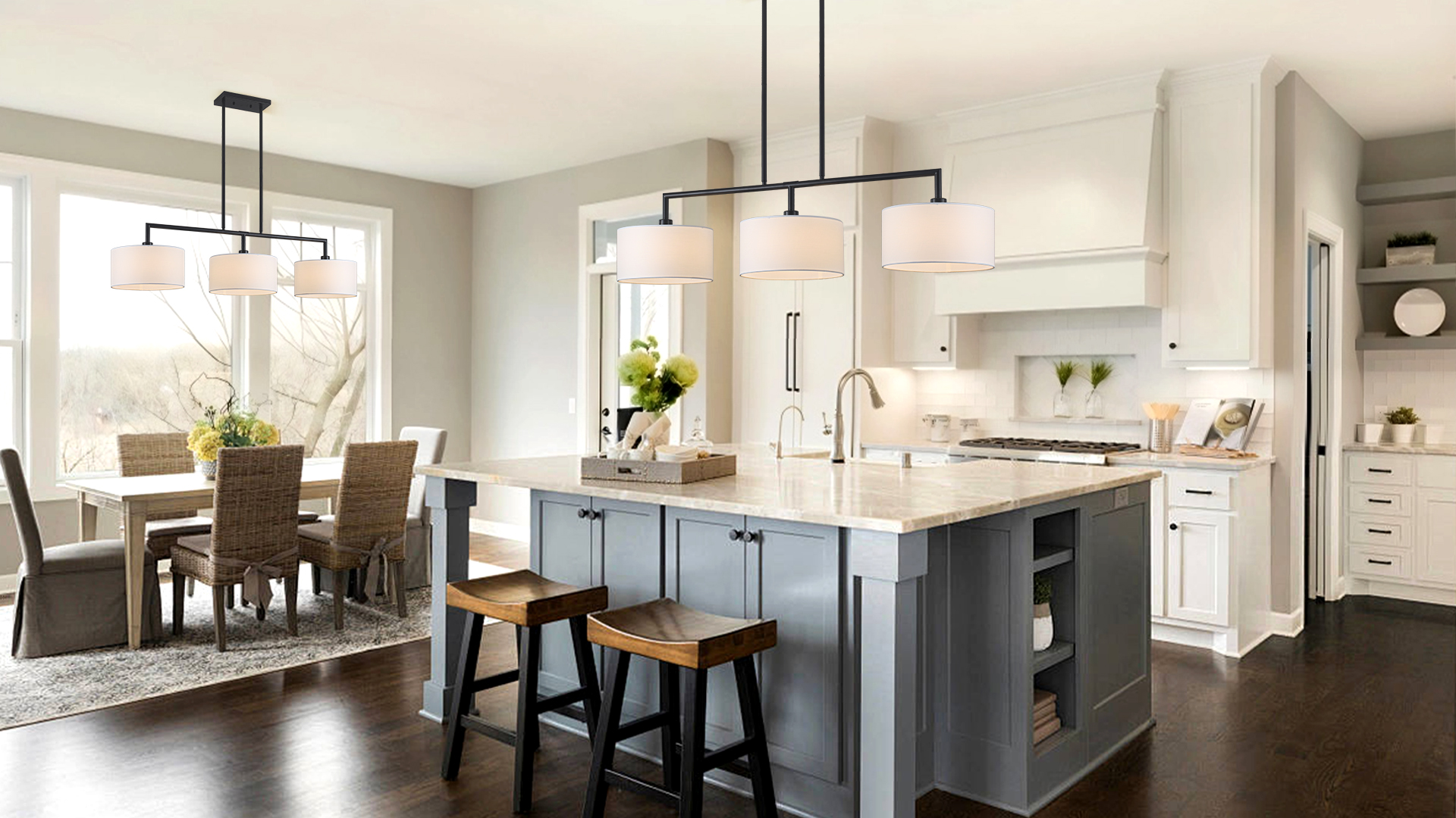 Image of 47 inch W Modern Linear Kitchen Island Pendant Light Fixture 3-Light White Linen Drum Shade Chandelier Black Metal Linear Chandeliers for Dining Room Farmhouse Hanging Light for Living Room, Bar, E26