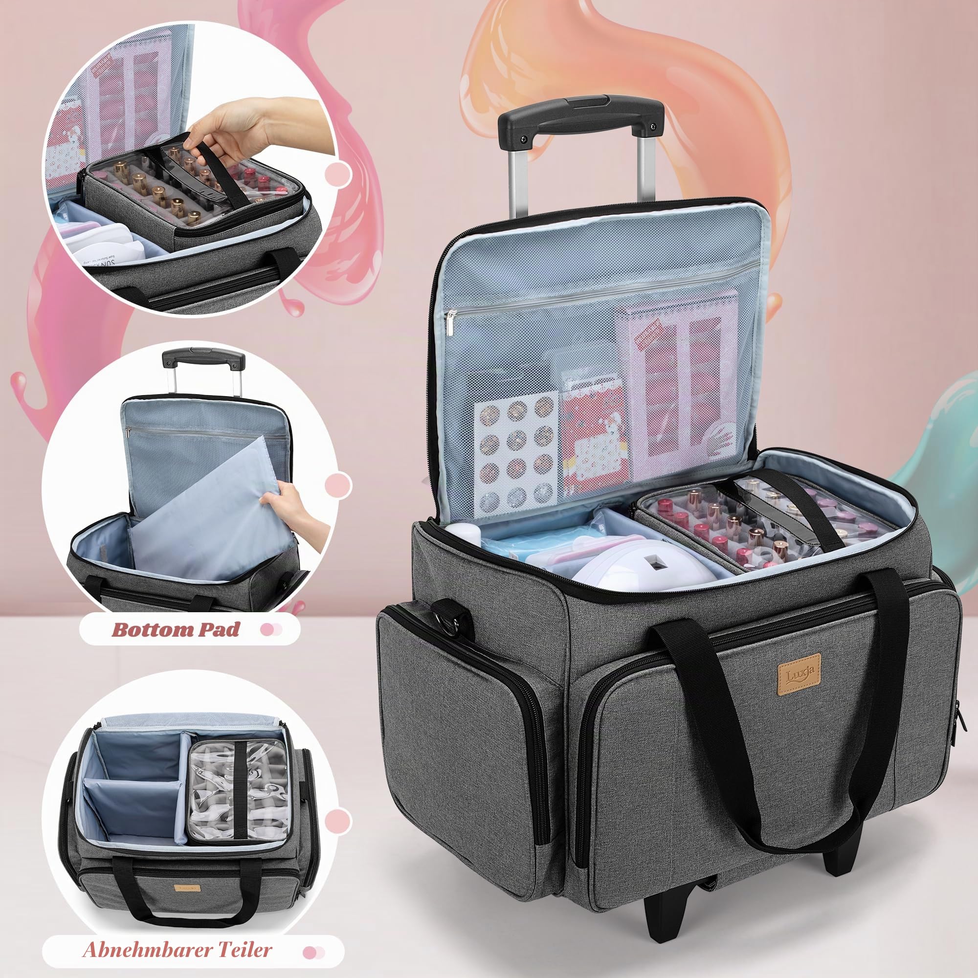 Luxja Kosmetik Trolley für 90 Flaschen Nagellack, Nagellack Koffer mit Rollen für Zubehör, Kosmetikkoffer für Nagellampe und Maniküreset, Grau