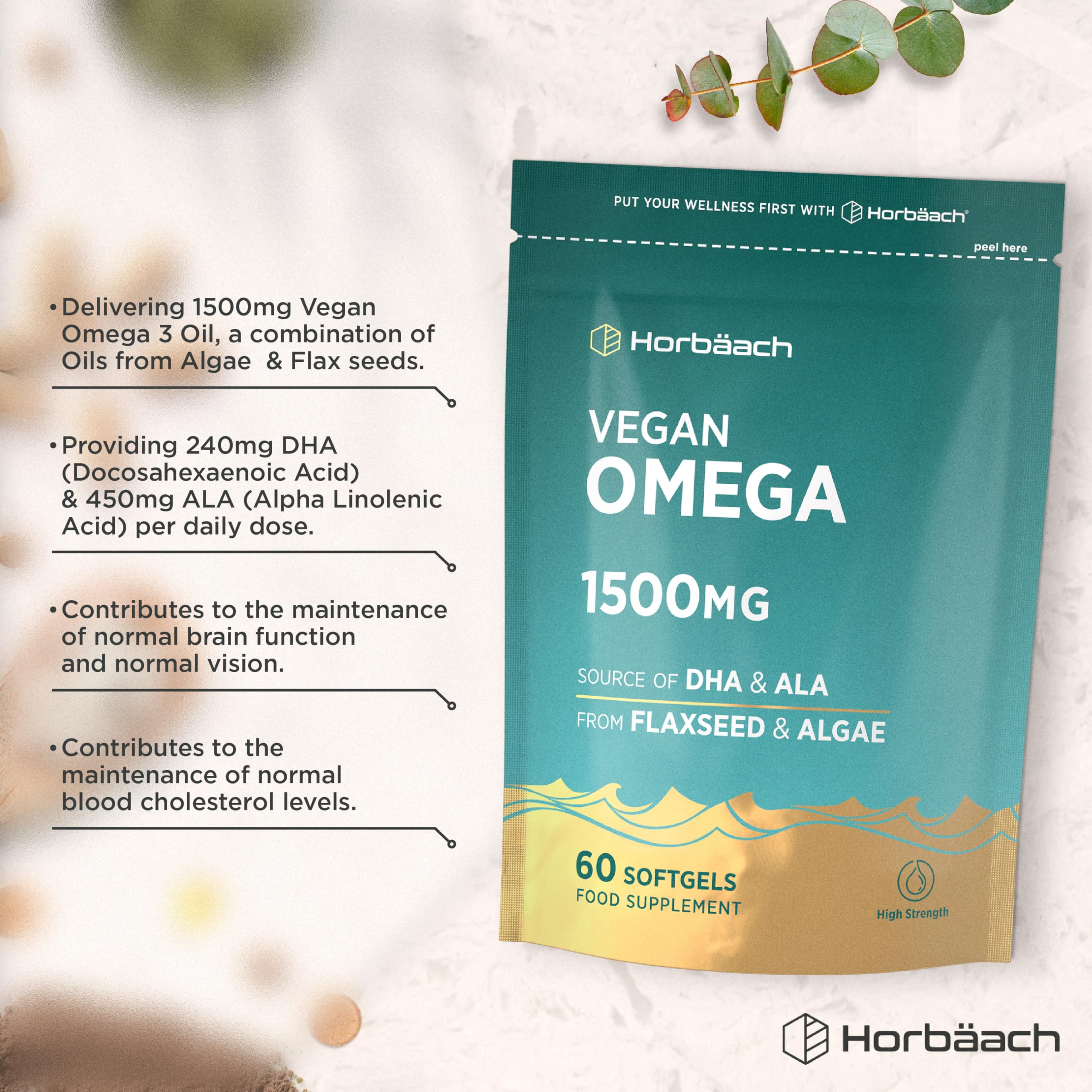 Omega 3 DHA z oleju z Alg 1500mg | Wegańskie | 60 kapsułek miękkich | Wysoka Zawartość: 450mg ALA i 240mg DHA | marki Horbaach