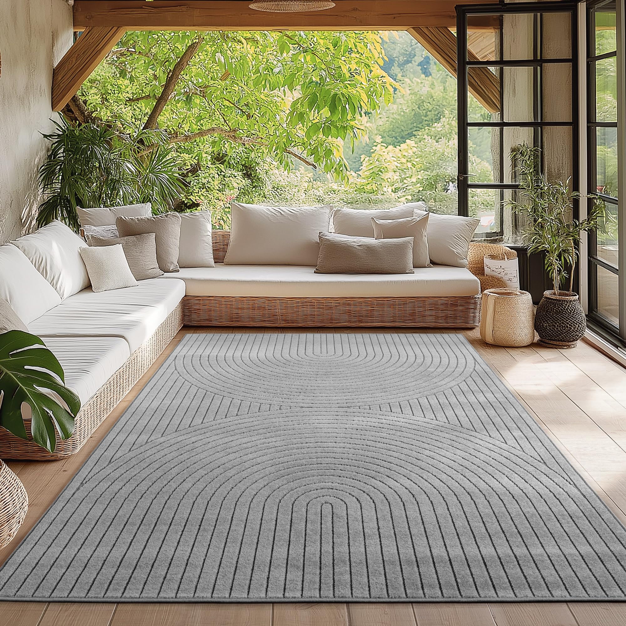 HomebyHome Kurzflor Teppich Wohnzimmer, Schlafzimmer, Küche, 3D Skandinavisch Boho Motiv, Outdoor Terrassen oder im Balkon