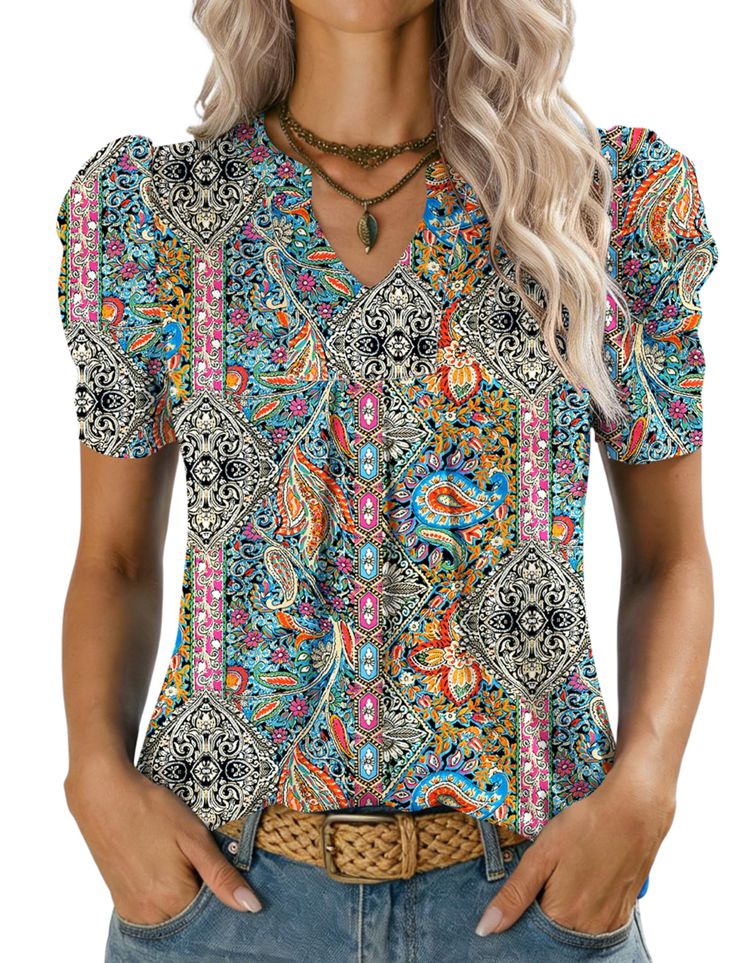 Kistore Bluse Damen V-Ausschnitt Kurzarm Oberteil Sommer T-Shirts Top Locker Lässig Oberteil S-XXL