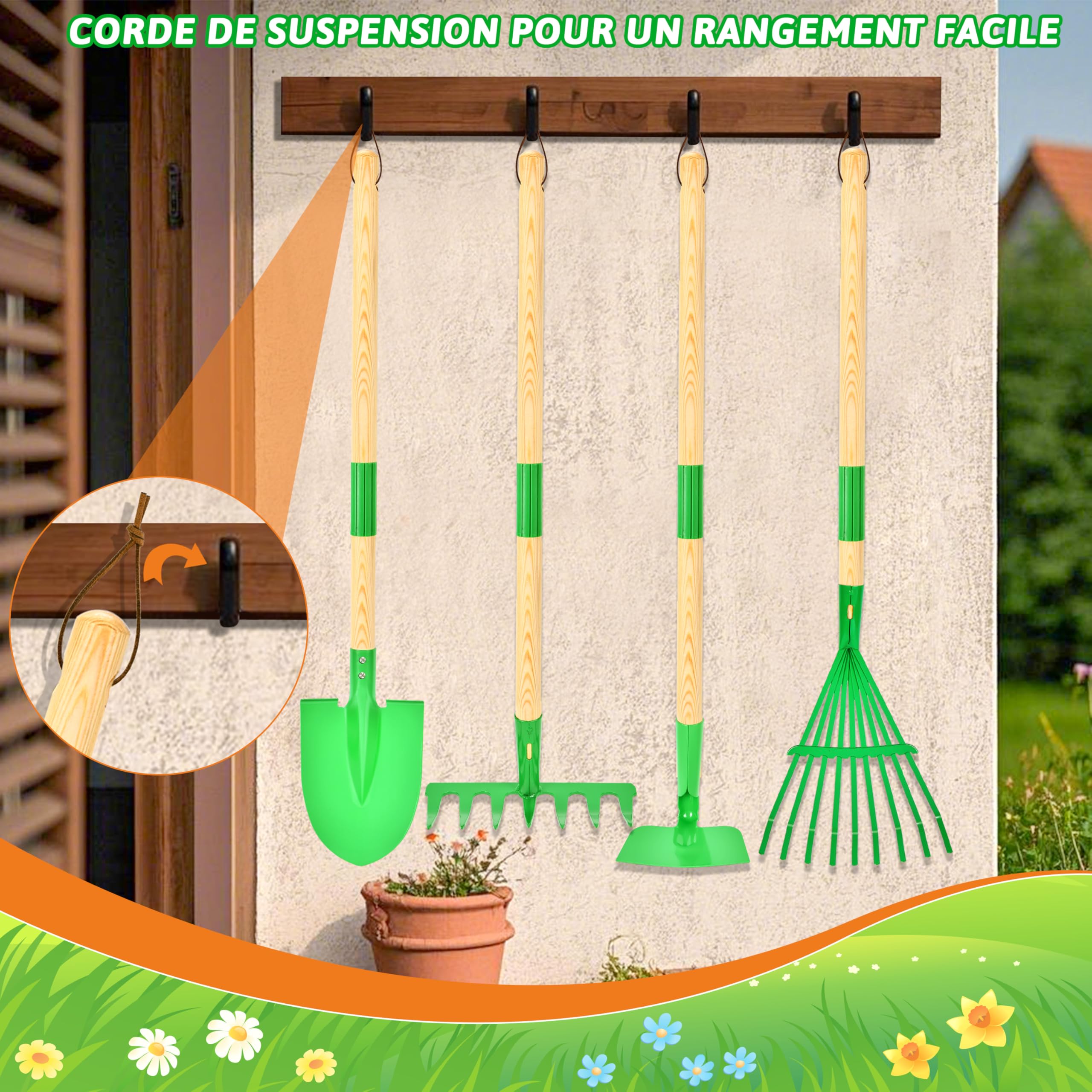 IEEILULU Ensemble d'Outils de Jardinage Enfant, Jouets de Jardinage avec Pelle Gants Tablier Arrosoir, Kit de Jardinage pour Garçons et Filles 3 Ans+ (Vert)