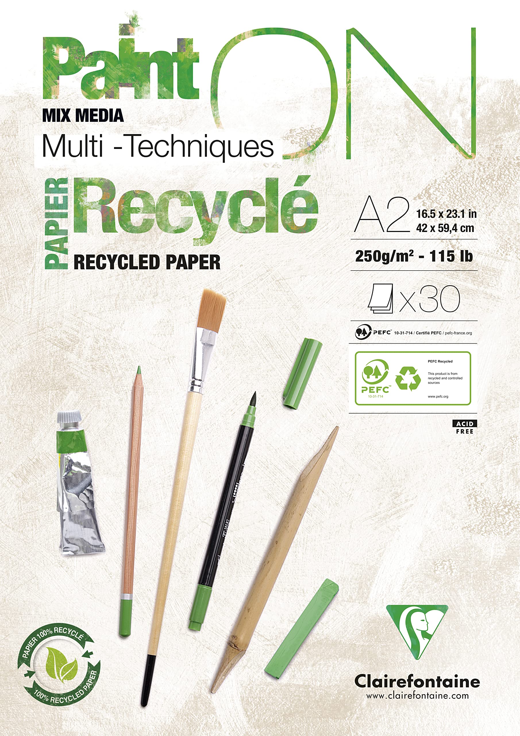 Clairefontaine 975743C - Block Paint'ON, geleimt, DIN A2, 30 Blatt Recycling-Papier weiß 250g, perfekt für Trocken- und Nasstechniken, 1 Stück