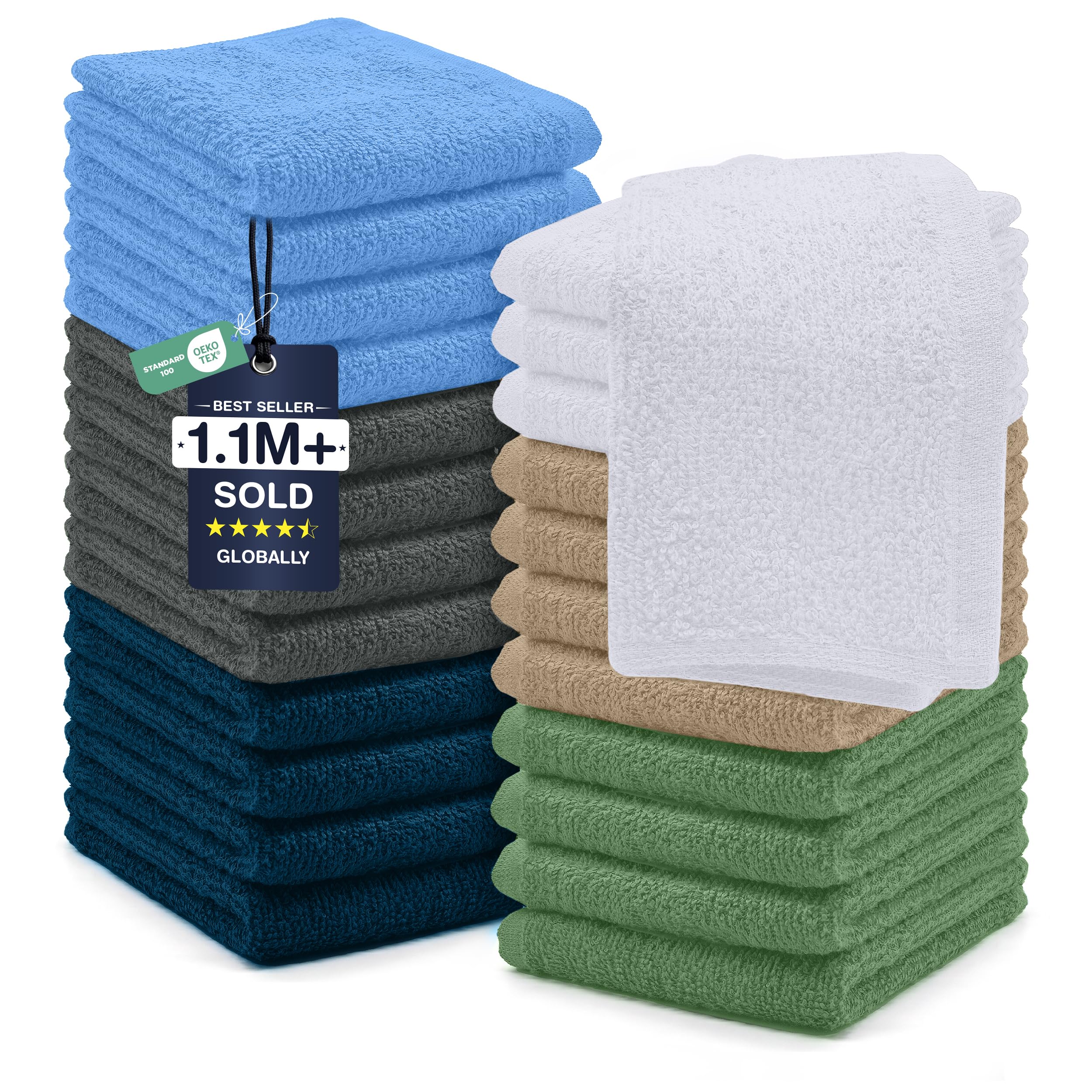 DAN RIVER 24 Pack Cotton Wash Cloths Set for Showering [12x12] Assortment 5