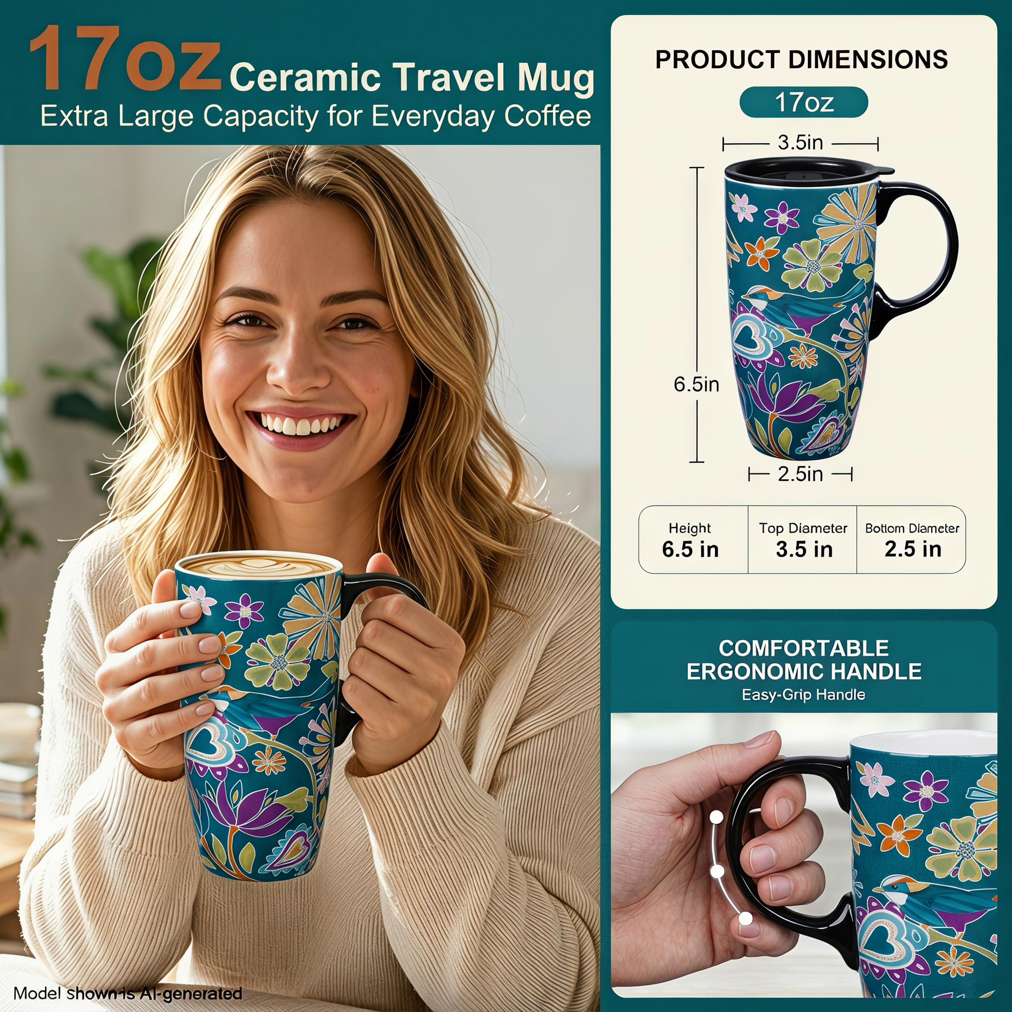 CEDAR HOME ceramiczny kubek do kawy porcelanowy latte filiżanka do herbaty z pokrywką 470 ml kwiatowa symfonia, turkusowy