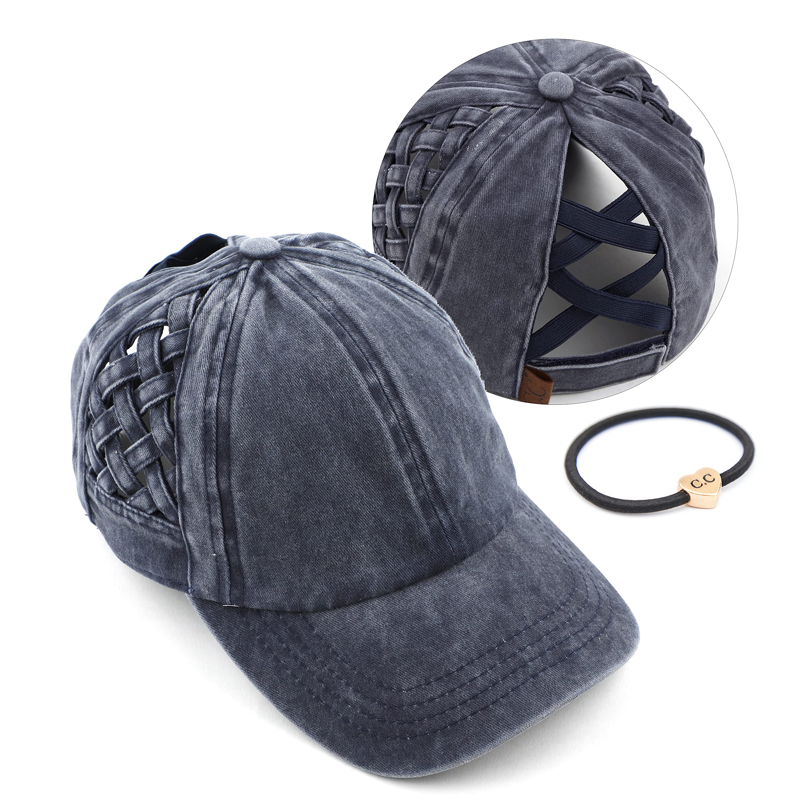C.C Exclusives BT-922 Haarband, gewaschene Baumwolle, Denim, Korbgeflecht, überkreuzt, Pferdeschwanz, Baseballkappe, Bündel