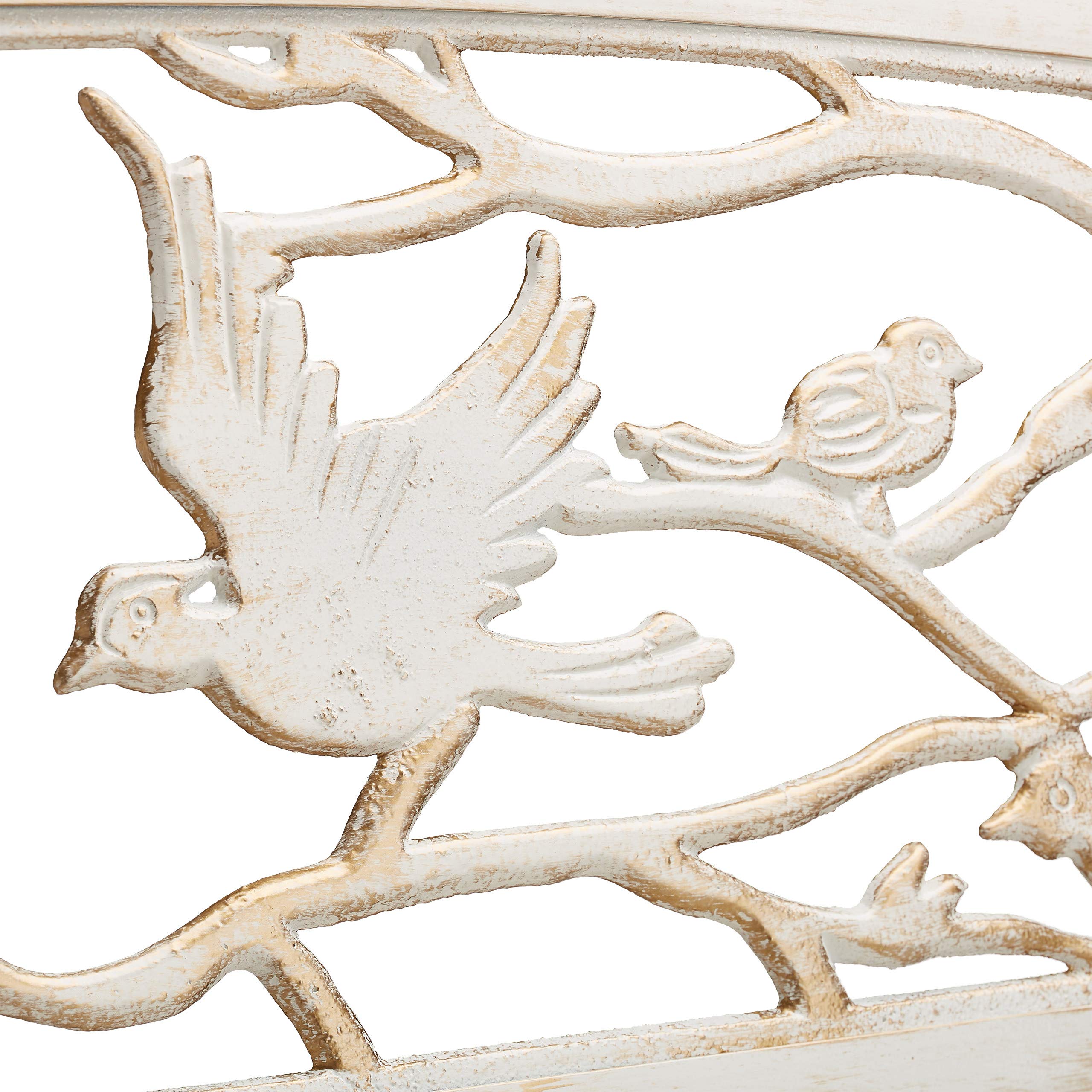 Relaxdays Panca da Giardino, con Volatili Decorativi, Accessorio di Arredo da Esterno, 87x127x57 cm, Bianco-Bronzo