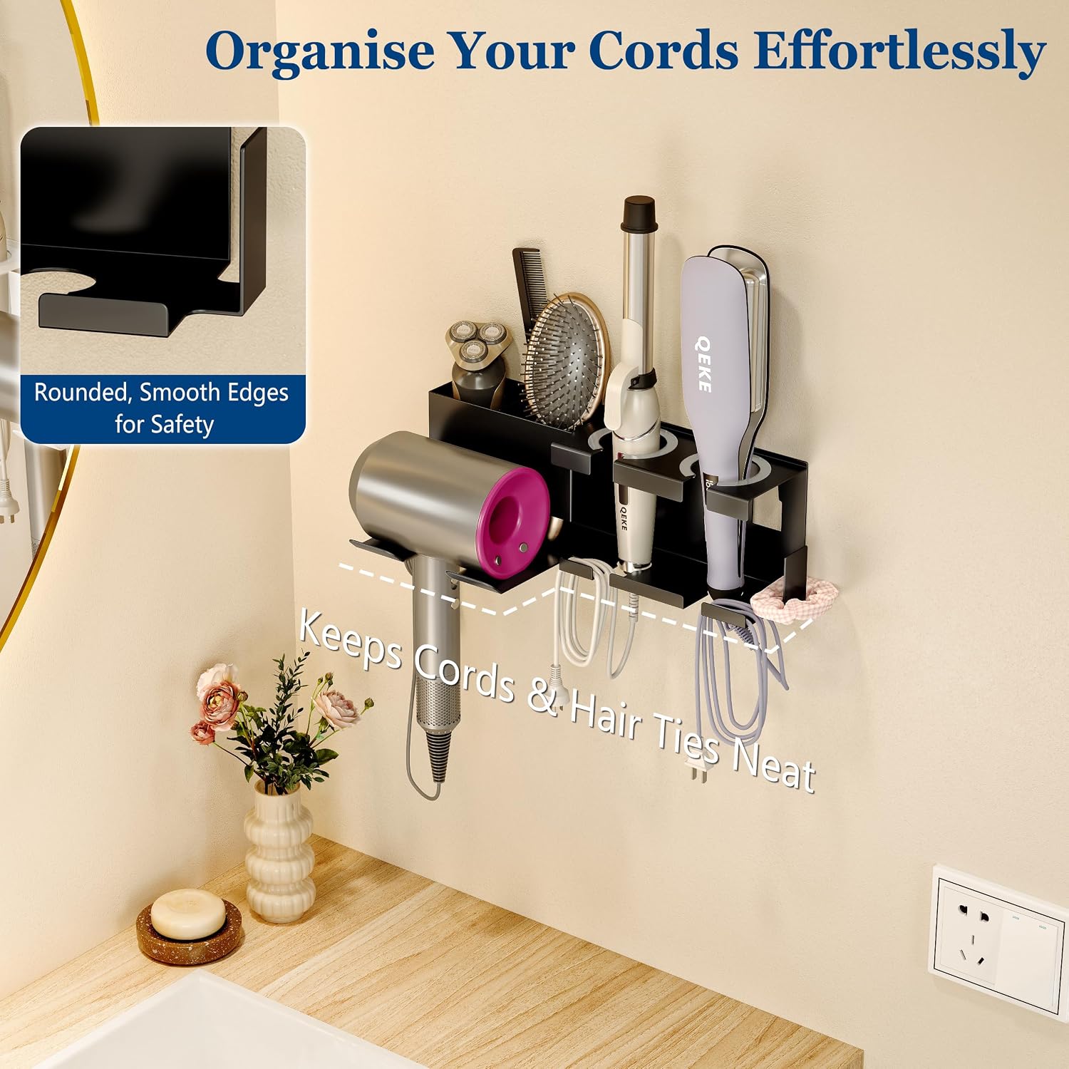 Qeke Hair Dryer Holder Wall Mounted, Blow Dryer Holder, Black