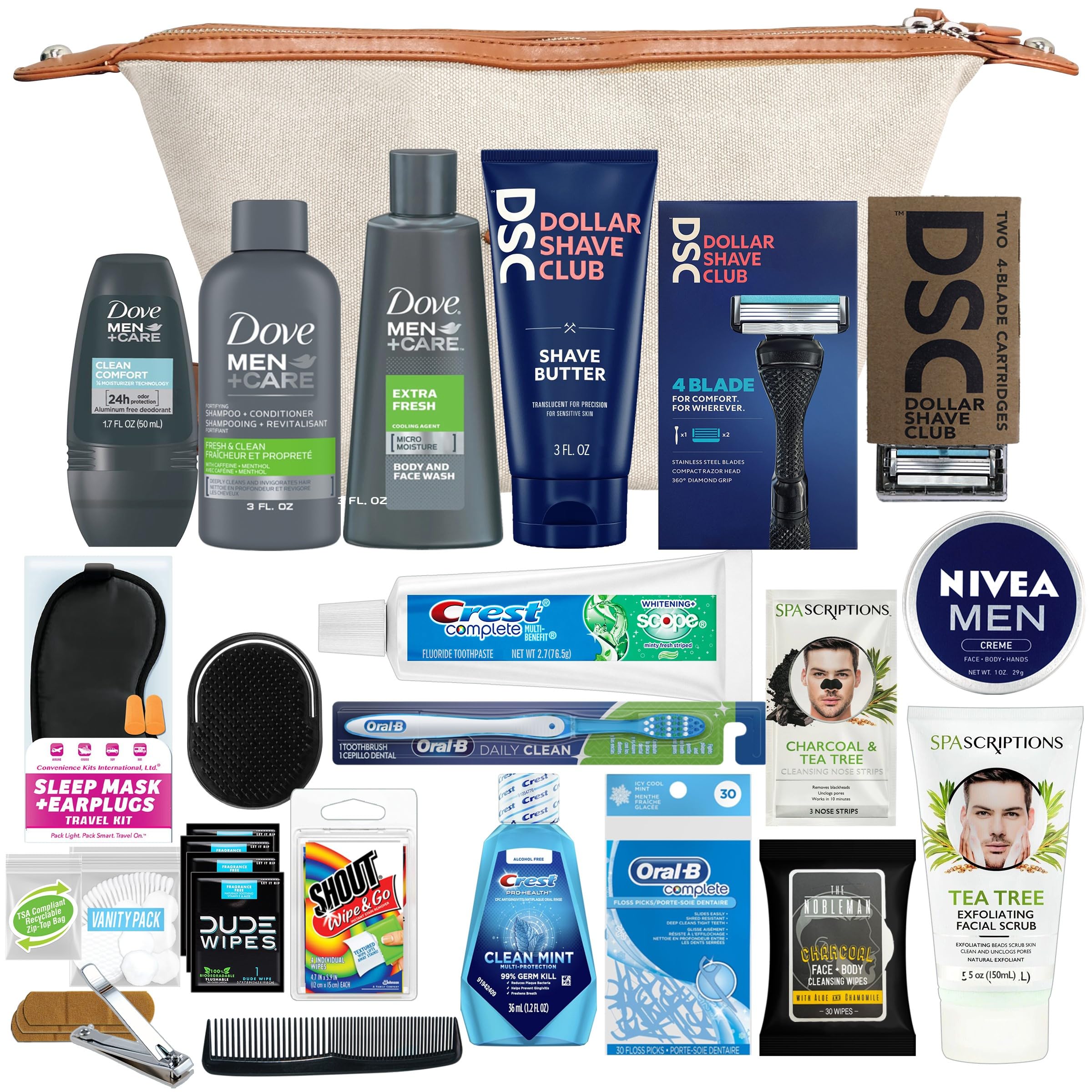 CONVENIENCE KITS INTERNATIONALMen’s Super Premium 35 PC Travel Kit Featuring: Travel-Size Hair Care Products Plus Face, Body, Oral Care, Travel Essentials in Large Ivory Canvas Toiletry Bag