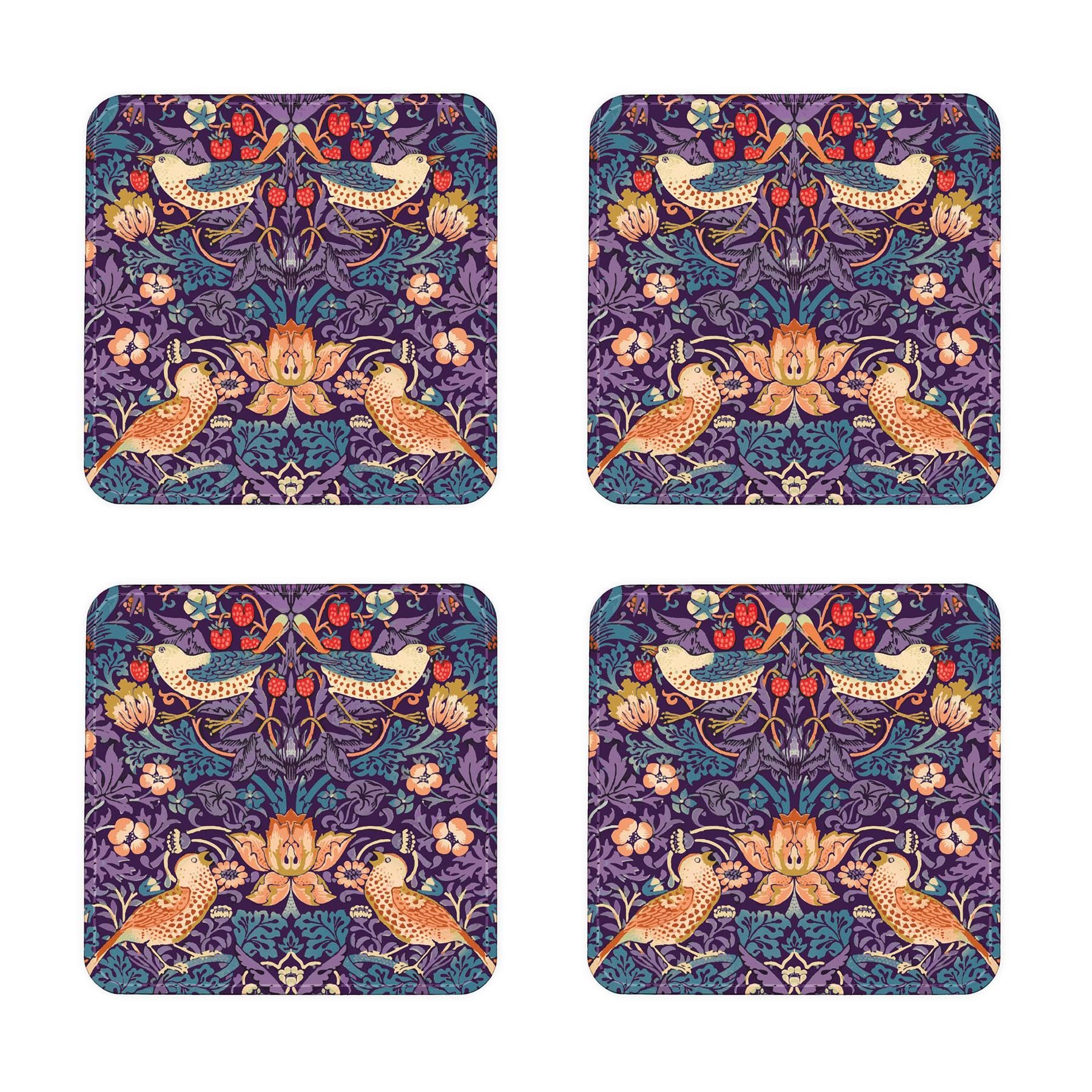 Set of 4 Purple Strawberry Thief Faux Leather Coasters - Tableware Gift